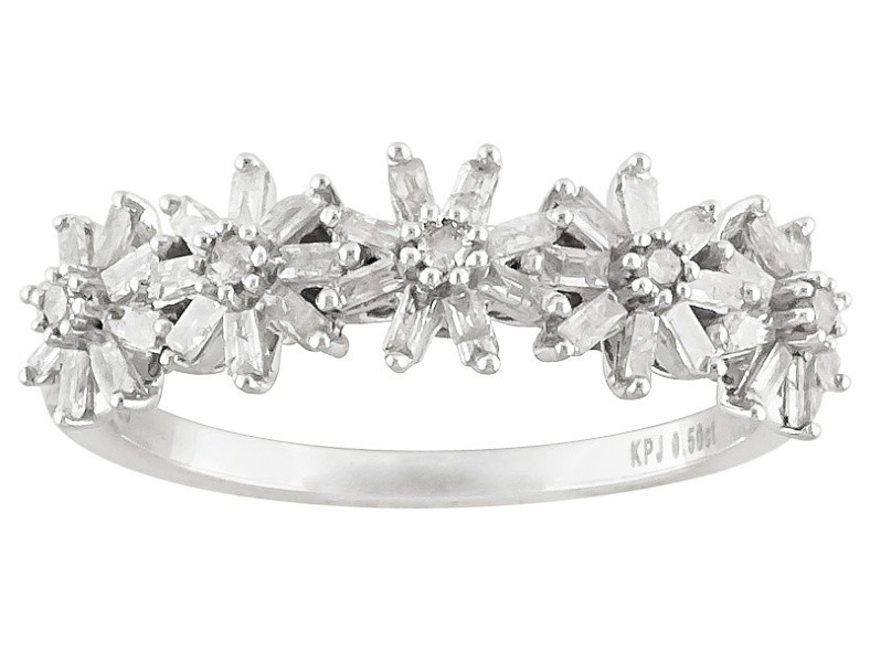 JTV .50 CTW White Diamond Flower Band Ring Sz 7 Rhodium Over Sterling Silver
