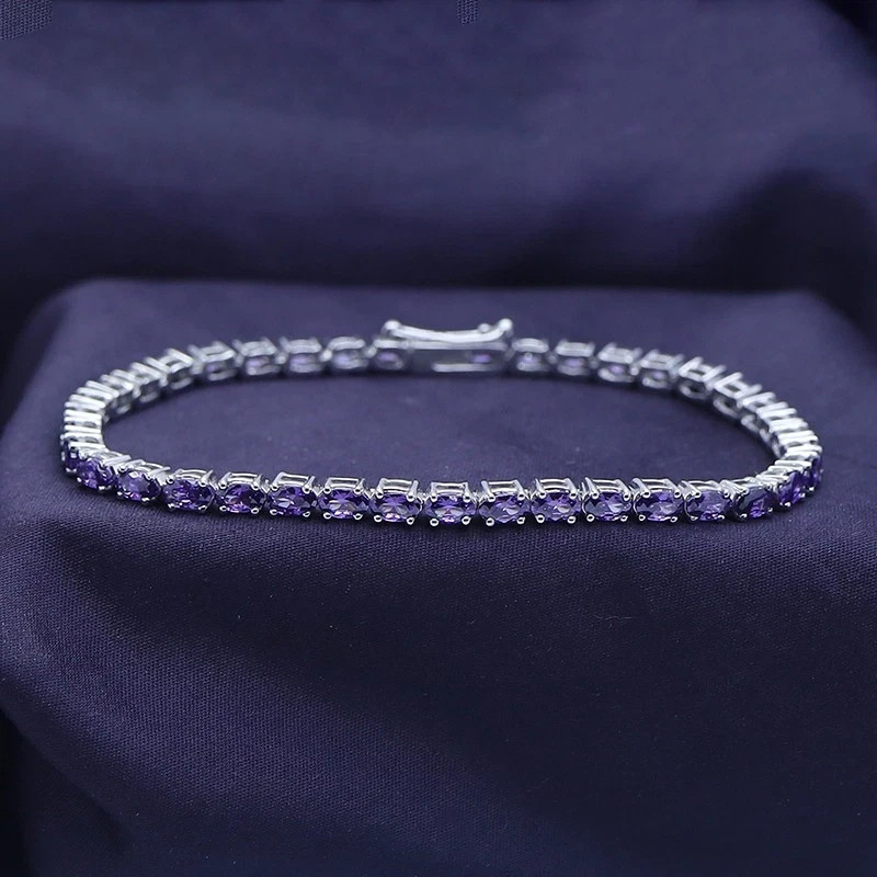9Ct Lab Created Oval Cut Amethyst 14k White Gold Plated Tennis Bracelet 7.25″”
