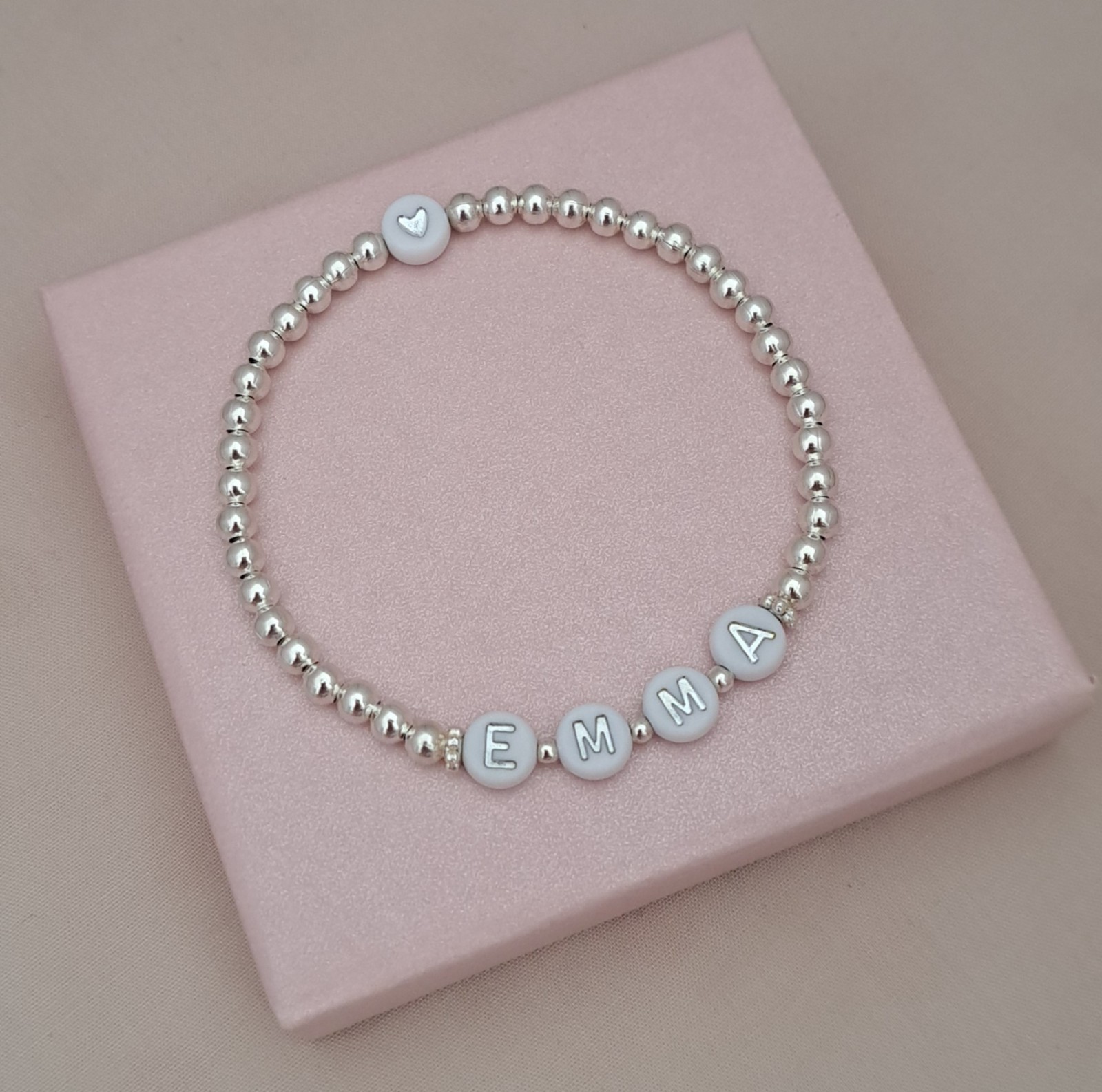 Name or Initial Bracelet Silver Beaded Stretchy Stacking Gift for Women or Kids