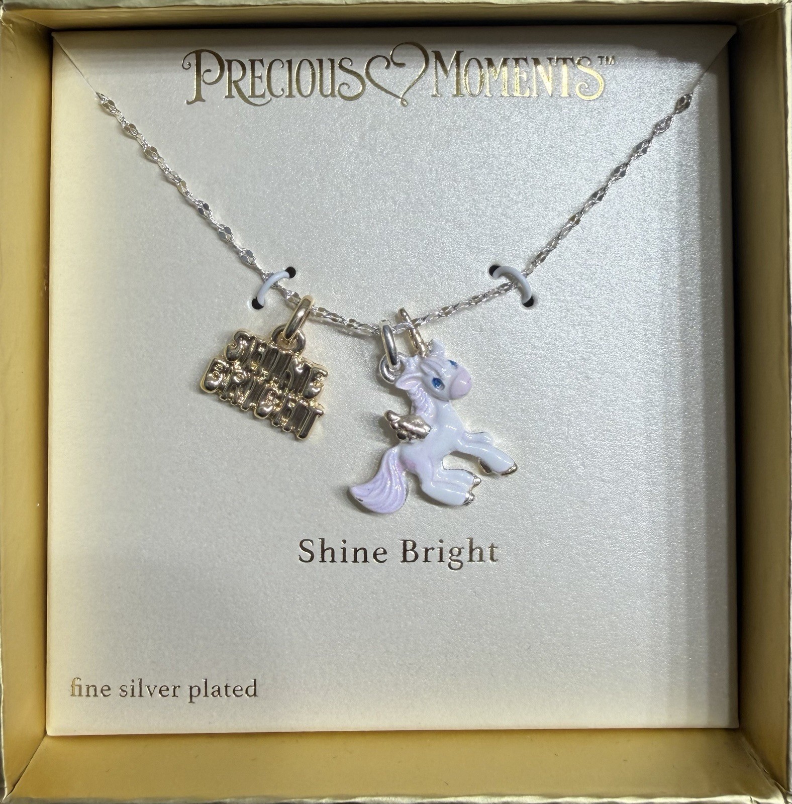 Precious Moments Unicorn Necklace Shine Bright Fine Silver Plated NIB Viral