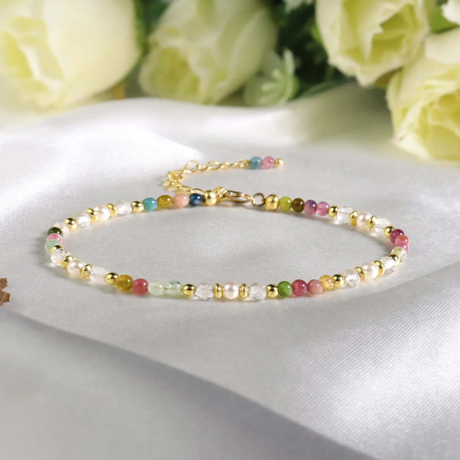Rainbow Tourmaline Pearl Bracelet Minimalist Beaded Multi-Stone Crystal Boho Gif