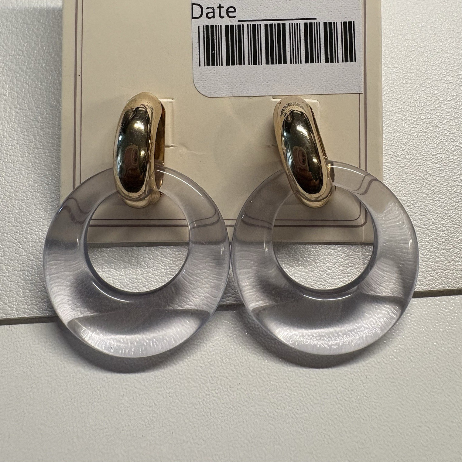 Gold Tone Clear Plastic Double Hoop Dangle/Drop Earrings Round Post Lobe