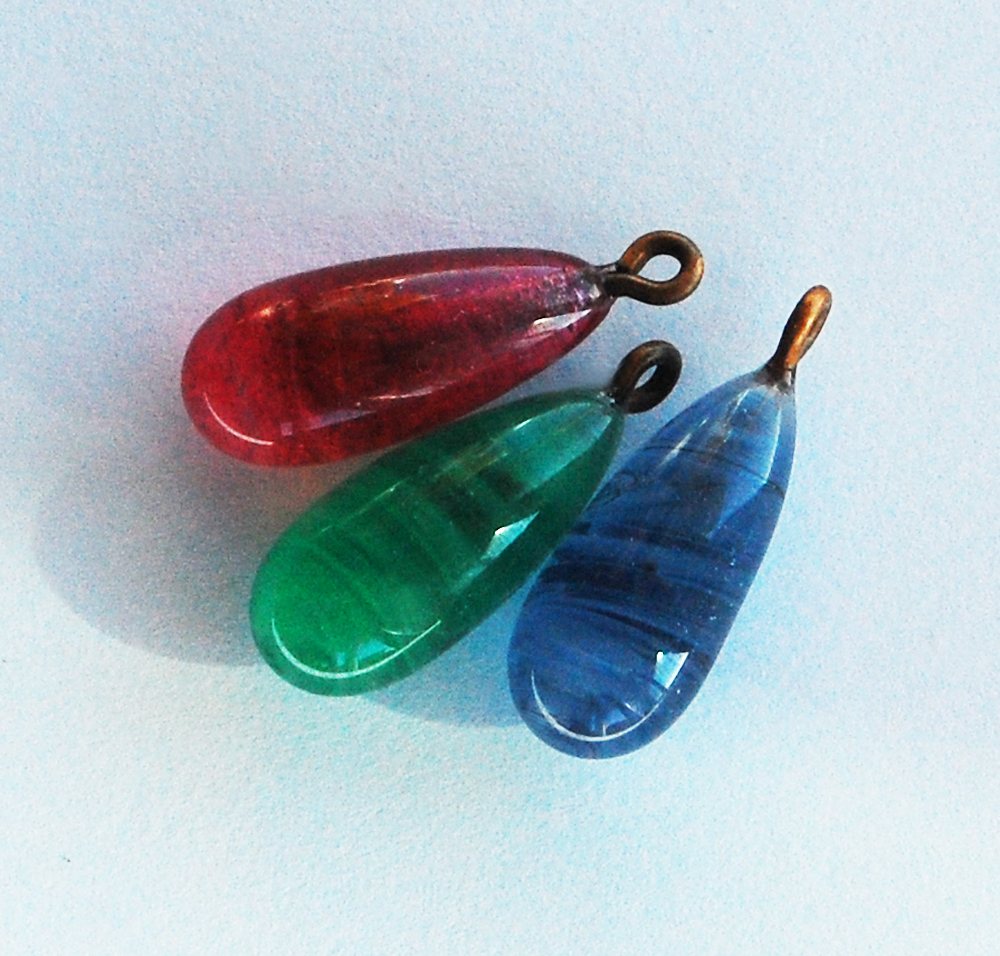 VINTAGE SWIRL GLASS TEAR DROP PENDANT BEADS (4) JAPAN • 20mm PINK, BLUE, GREEN