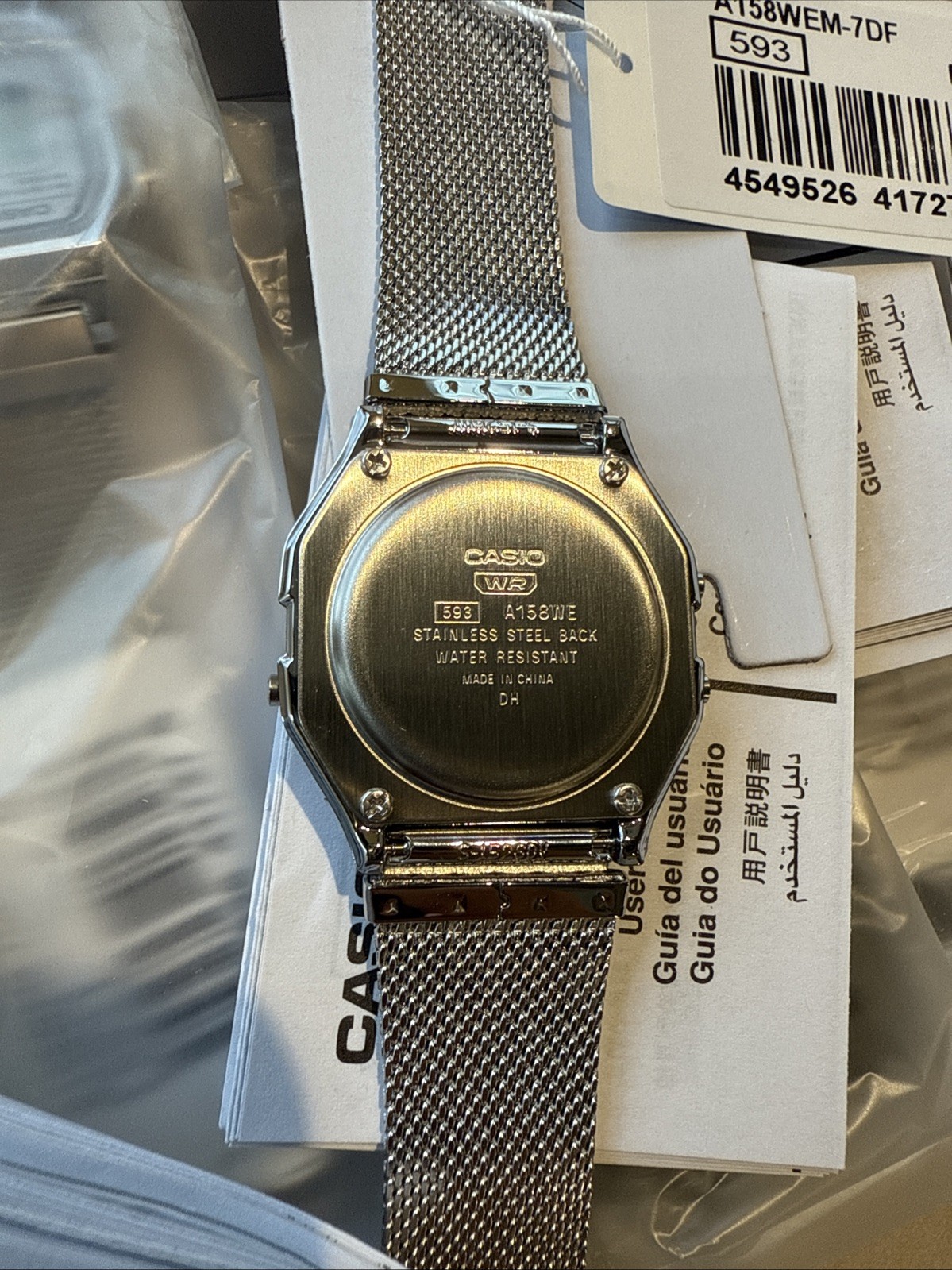 Casio A158WEM-7D Vintage Digital Watch Silver Mesh Band Retro Classic NEW