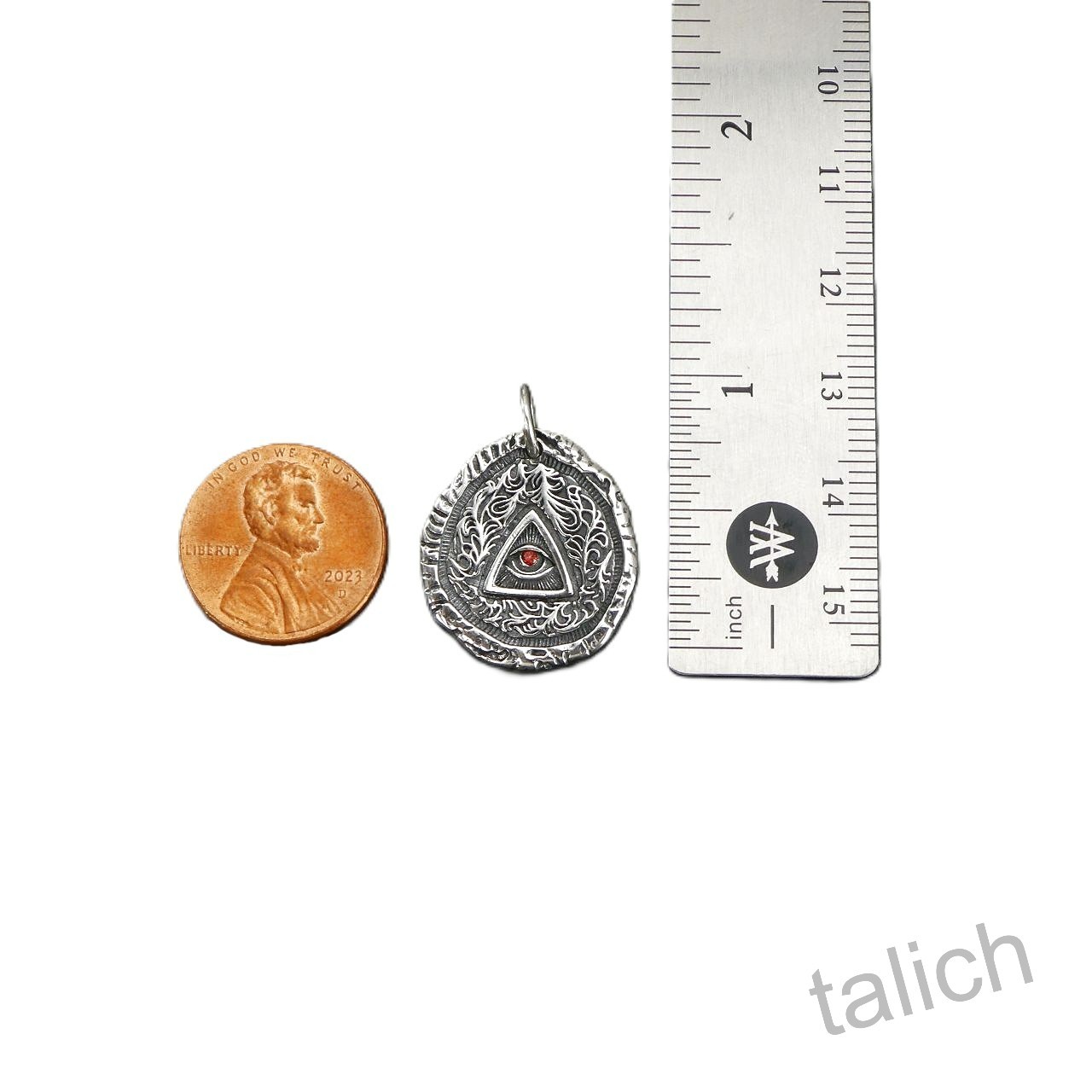 925 Sterling Silver Ornate Scrolls Red CZ All Seeing Eye Charm Amulet Pendant