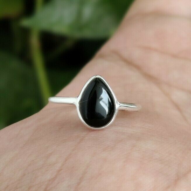 Handmade Black Onyx Ring 925 Silver Natural pear gemstone Stacking Women Rings