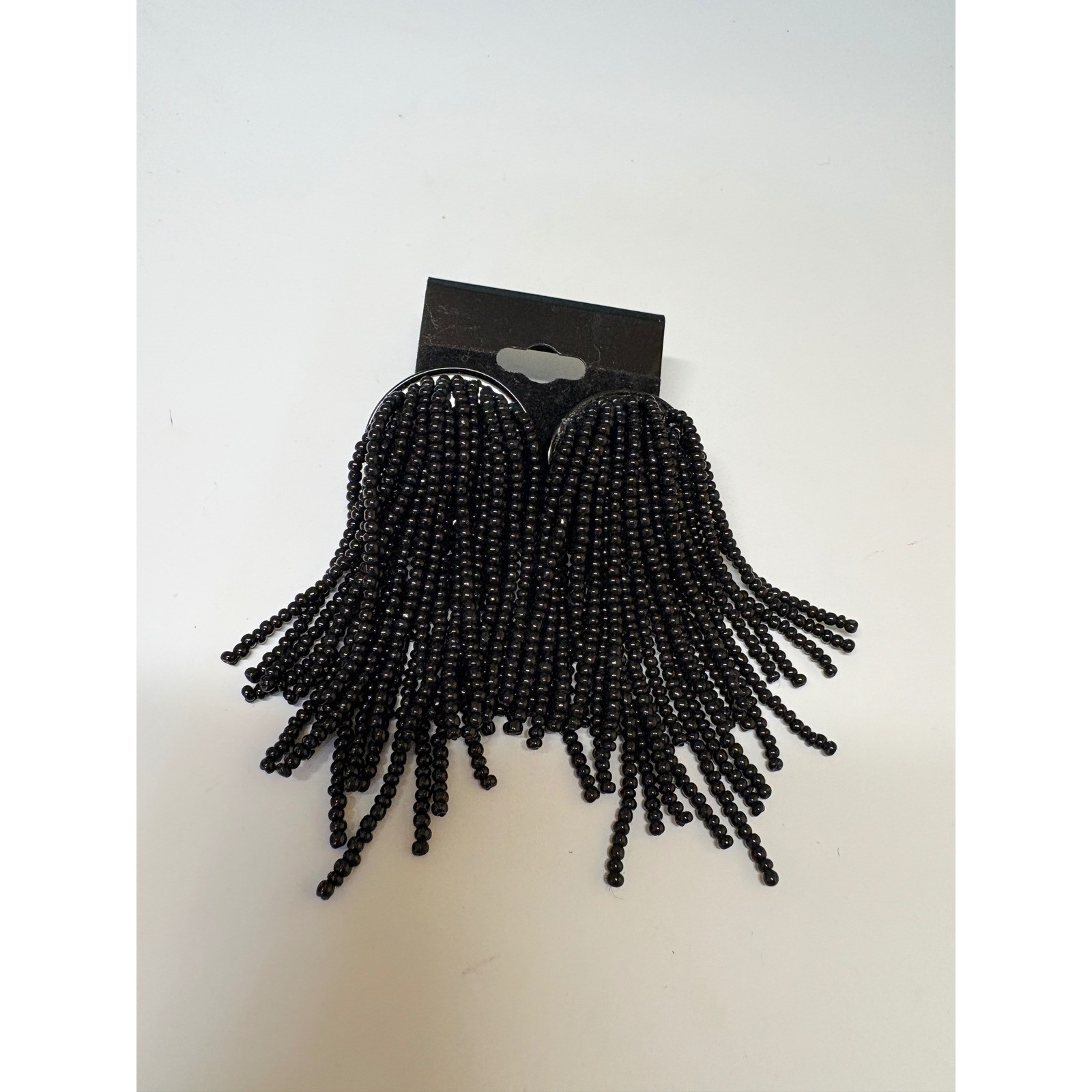 Black Seed Bead Fringe Statement Pierced Earrings Waterfall Dangle Back