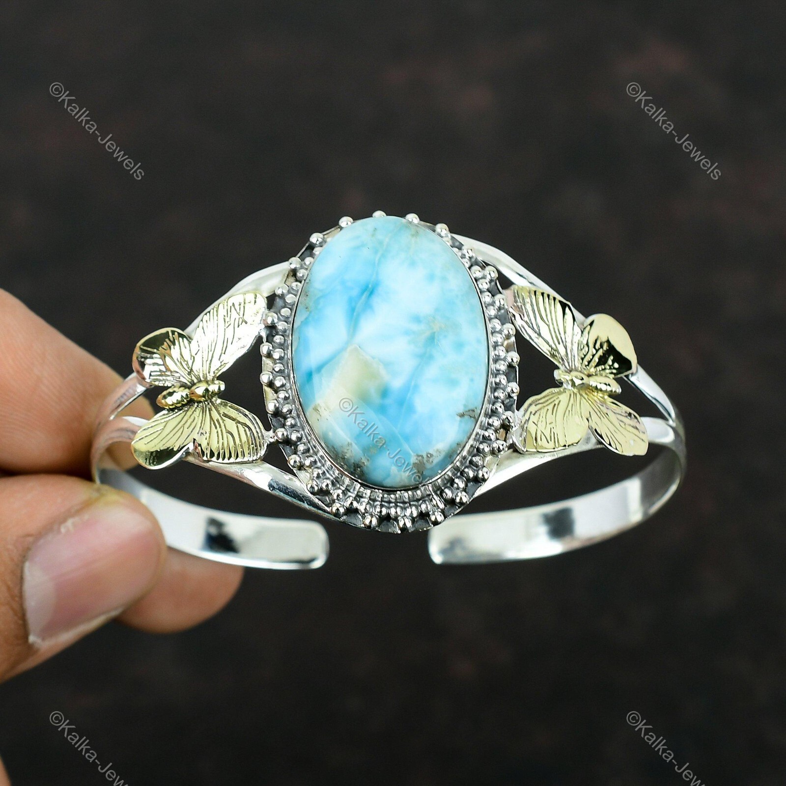 Natural Larimar Gemstone Bangle Butterfly Adjustable 925 Sterling Silver Jewelry