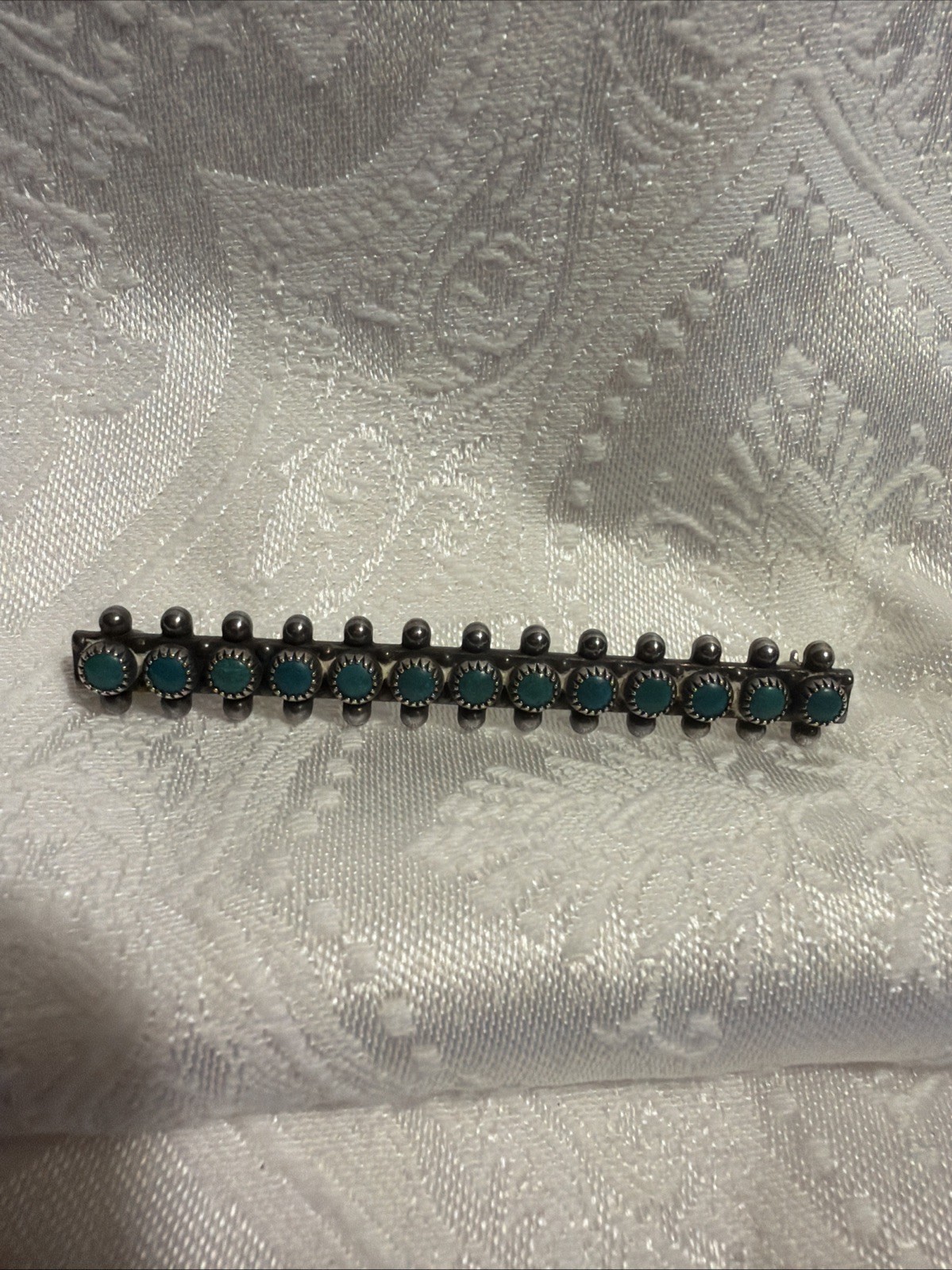Vintage Native American Zuni Sterling Silver Turquoise Row Bar Pin Brooch