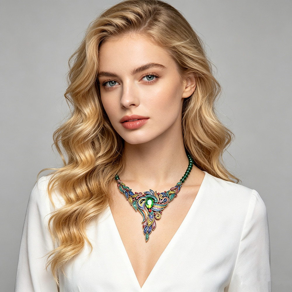 Vintage Handbeaded Multicolor Rhinestone Bib Necklace and Earrings Set for Women