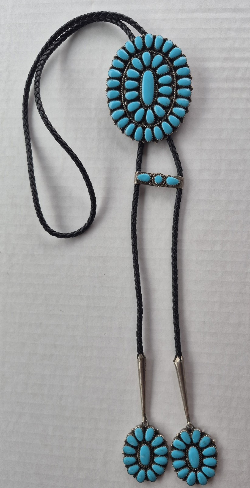 Zuni Native American sterling silver turquoise cluster bolo tie set Marked g