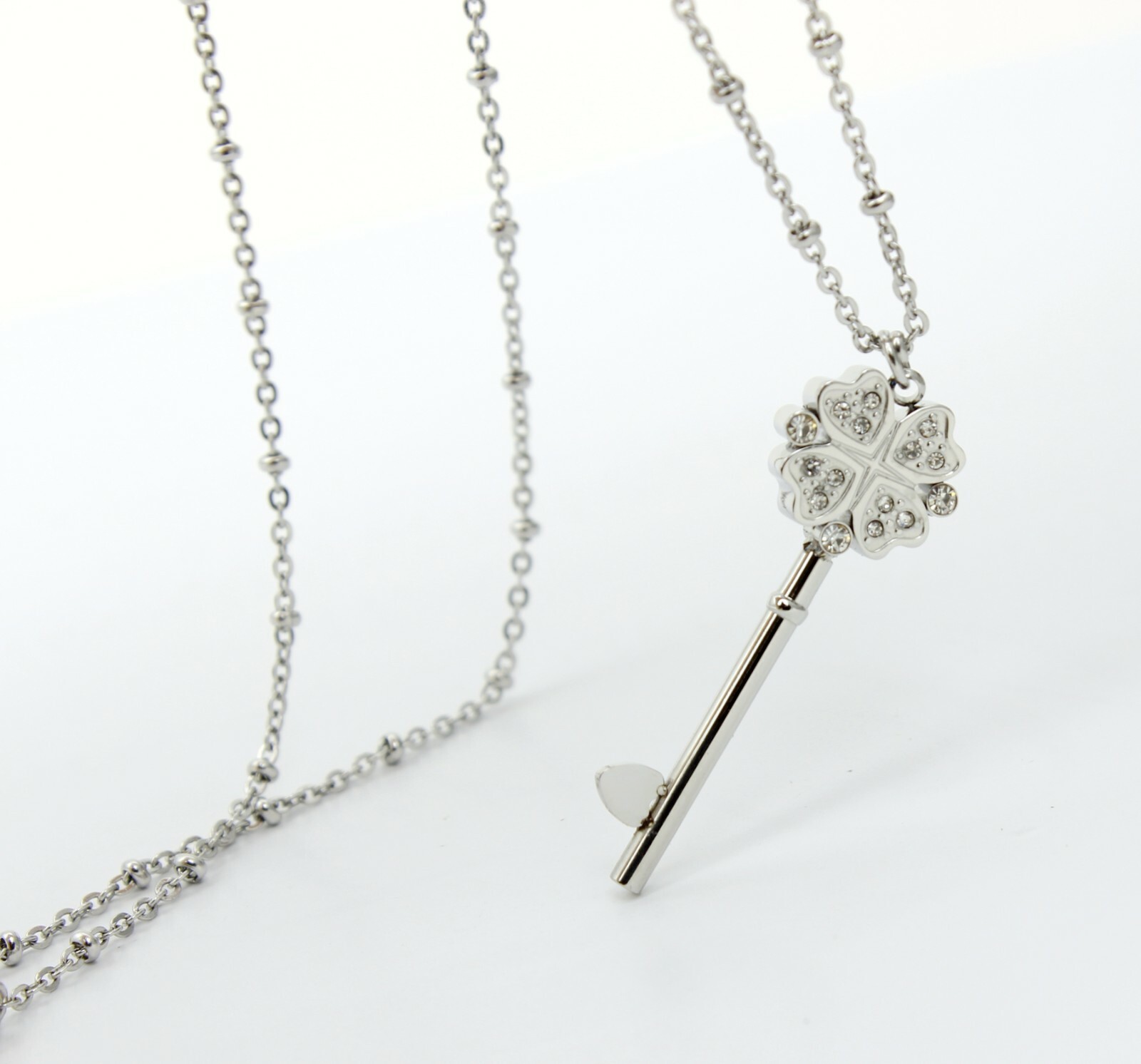 Titanium Stainless Steel CZ Lucky Heart Clover Key Long Chain Necklace 24-26″