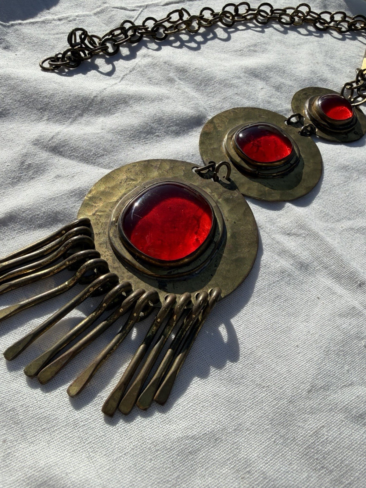Rafael Alfandary Canada Necklace Modern Brutalist Brass 3 Glass Cabochon Fringe