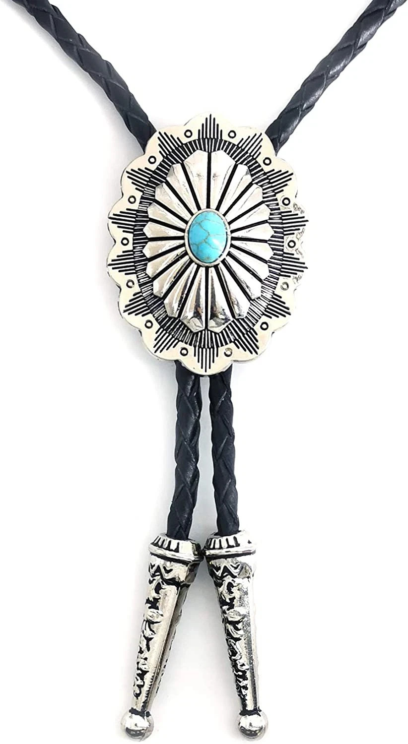 Vintage Turquoise Stone Bolo Tie for Men Western Cowboy Oval Cool Retro Bola Tie