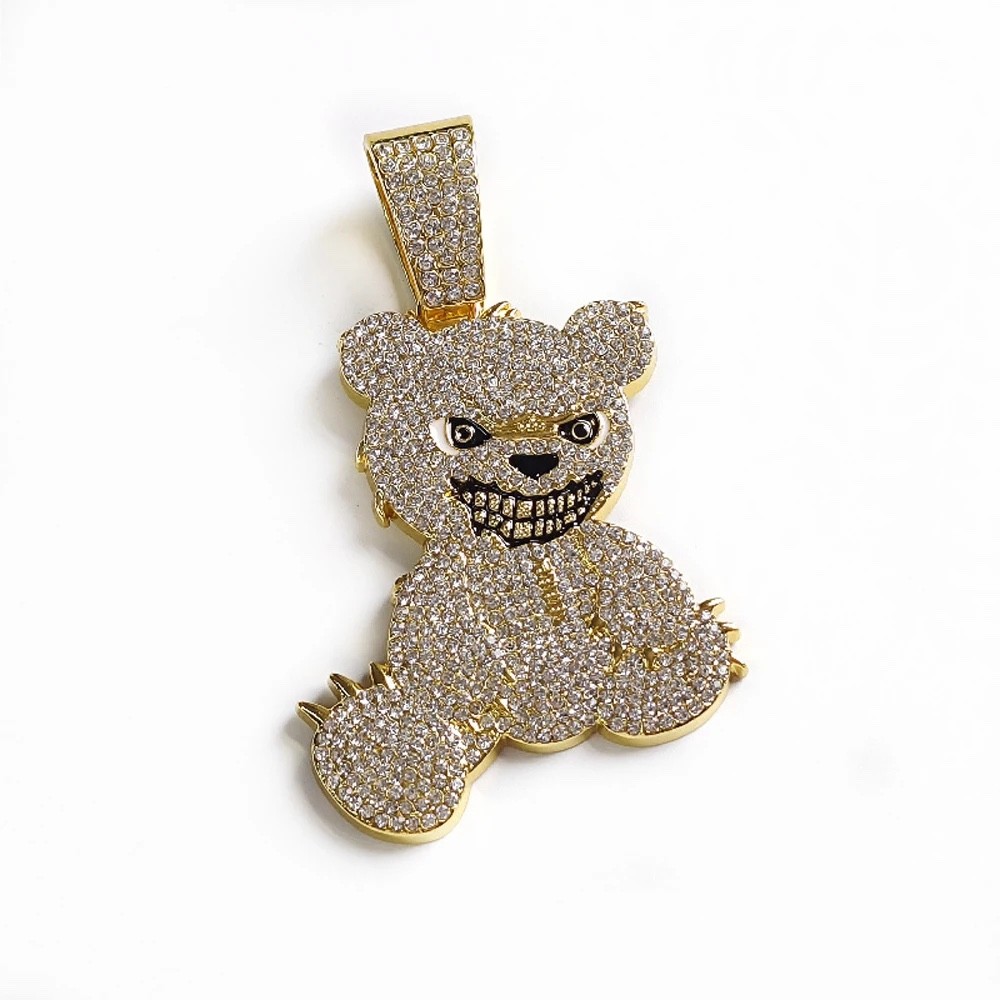 Iced Out Evil Bear Hip Hop Pendant Necklace Cuban Link Chain Bling Silver Gold