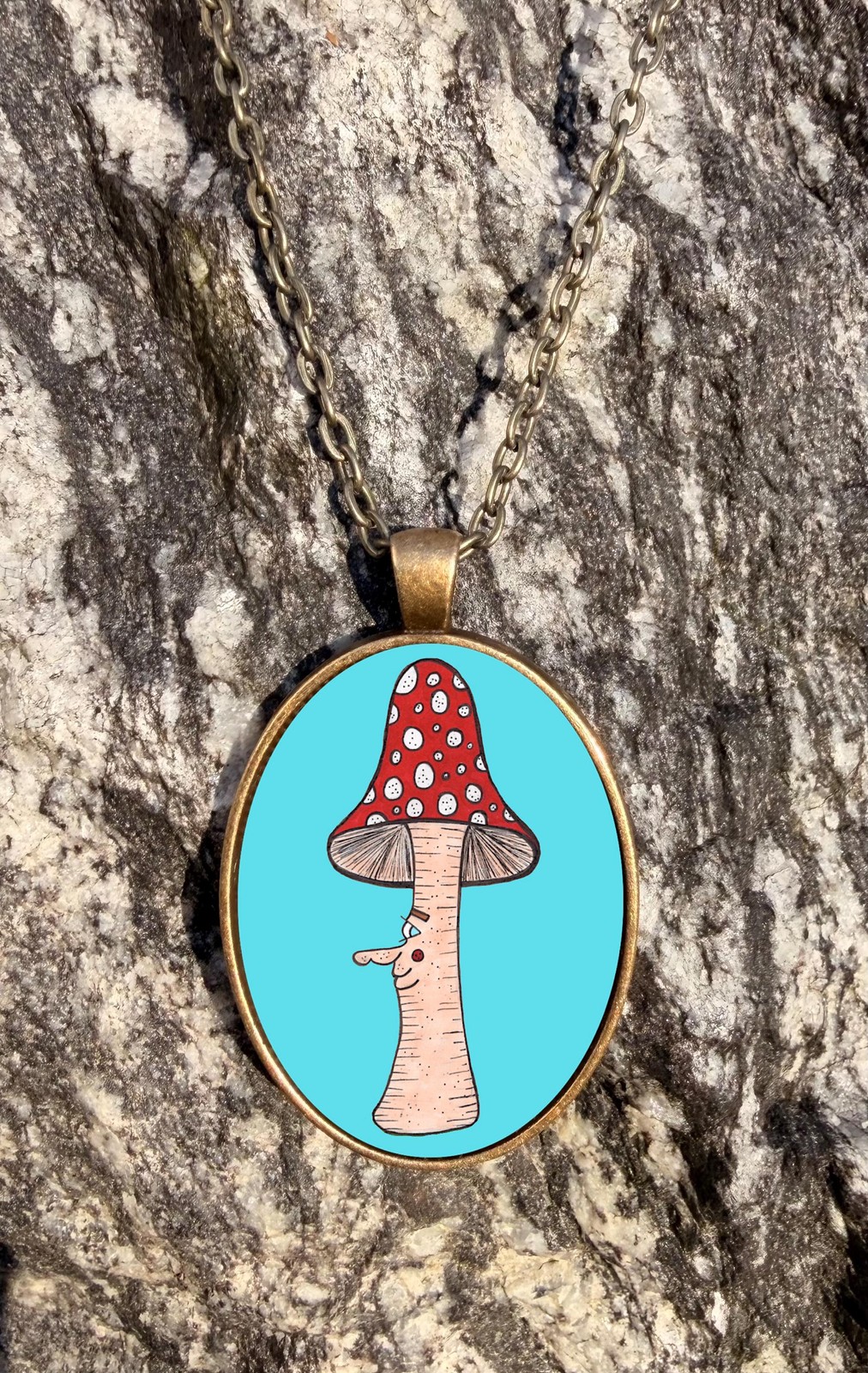 Mushroom Guy Bronze Necklace Pendant Whimsical Trippy Retro Style Original Art