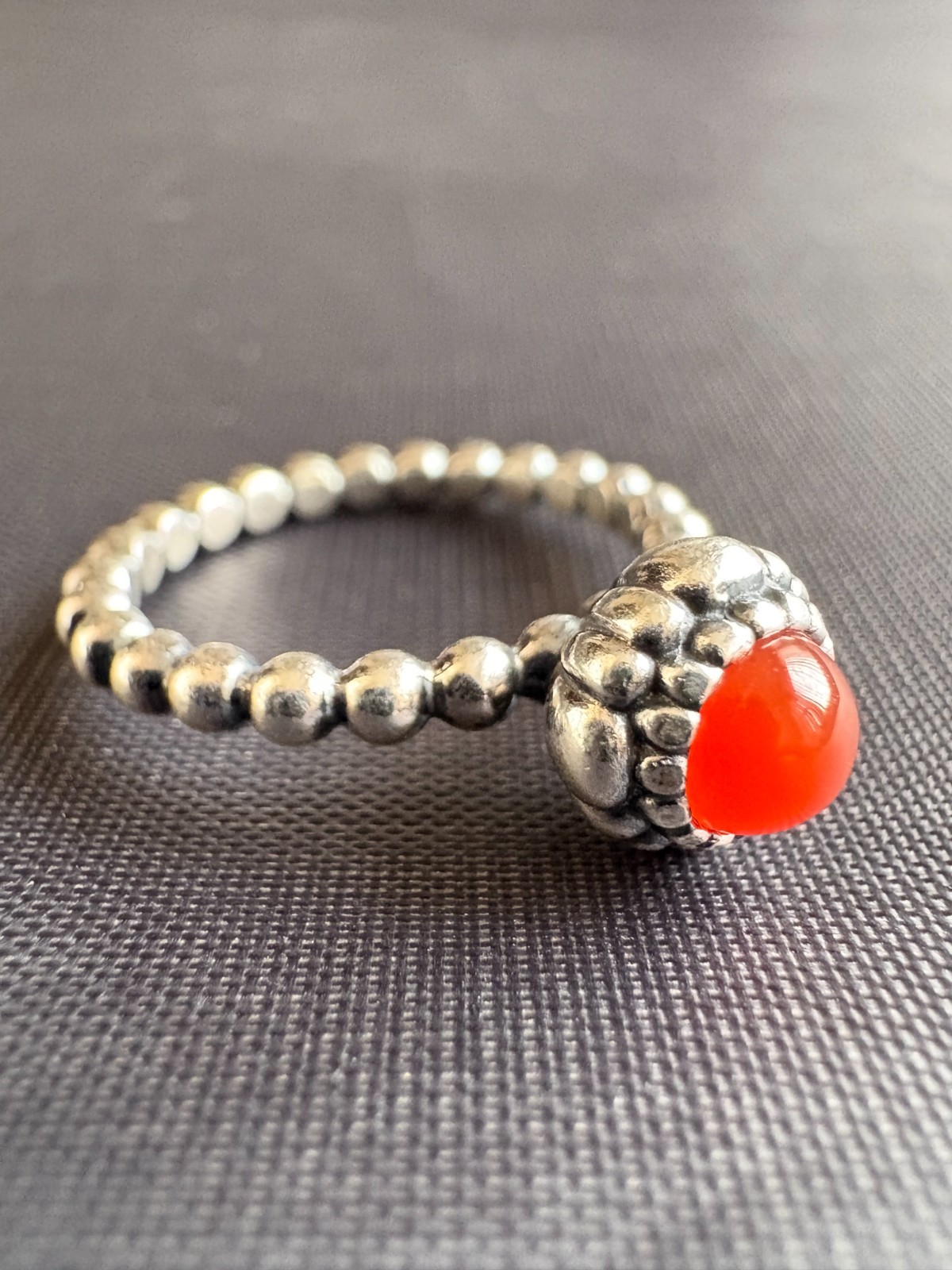 925 Sterling Silver Beaded Band Orange Carnelian Ring Size 5.5 US