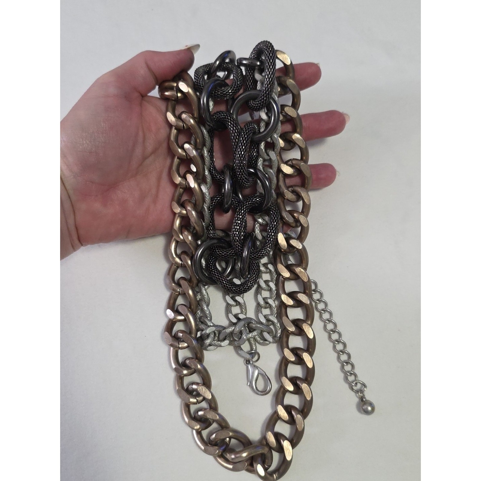 Chunky Large Long Statement Necklace Mixed Metals Layered Chains Textured Heavy