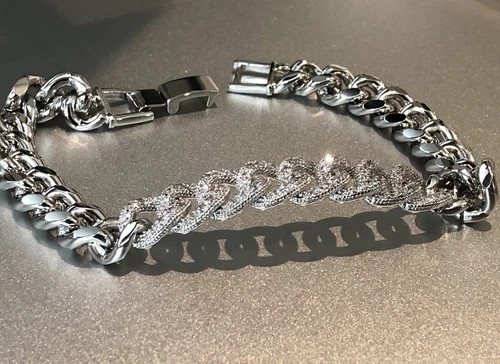18K White Gold Filled Cuban Link Chain Bracelet made Simulated Diamond 7”