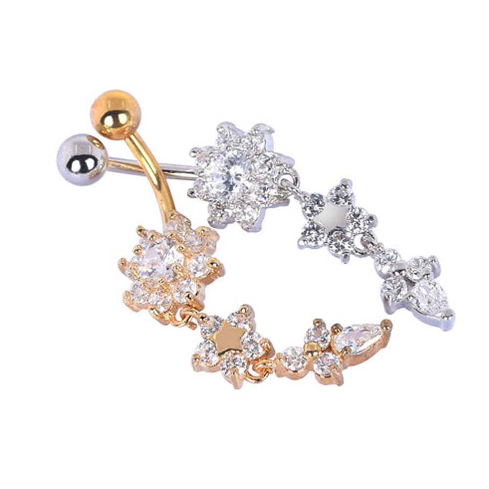 CZ Flower Belly Button Ring Surgical Steel Dangle Navel Bar Barbell Piercing 14g