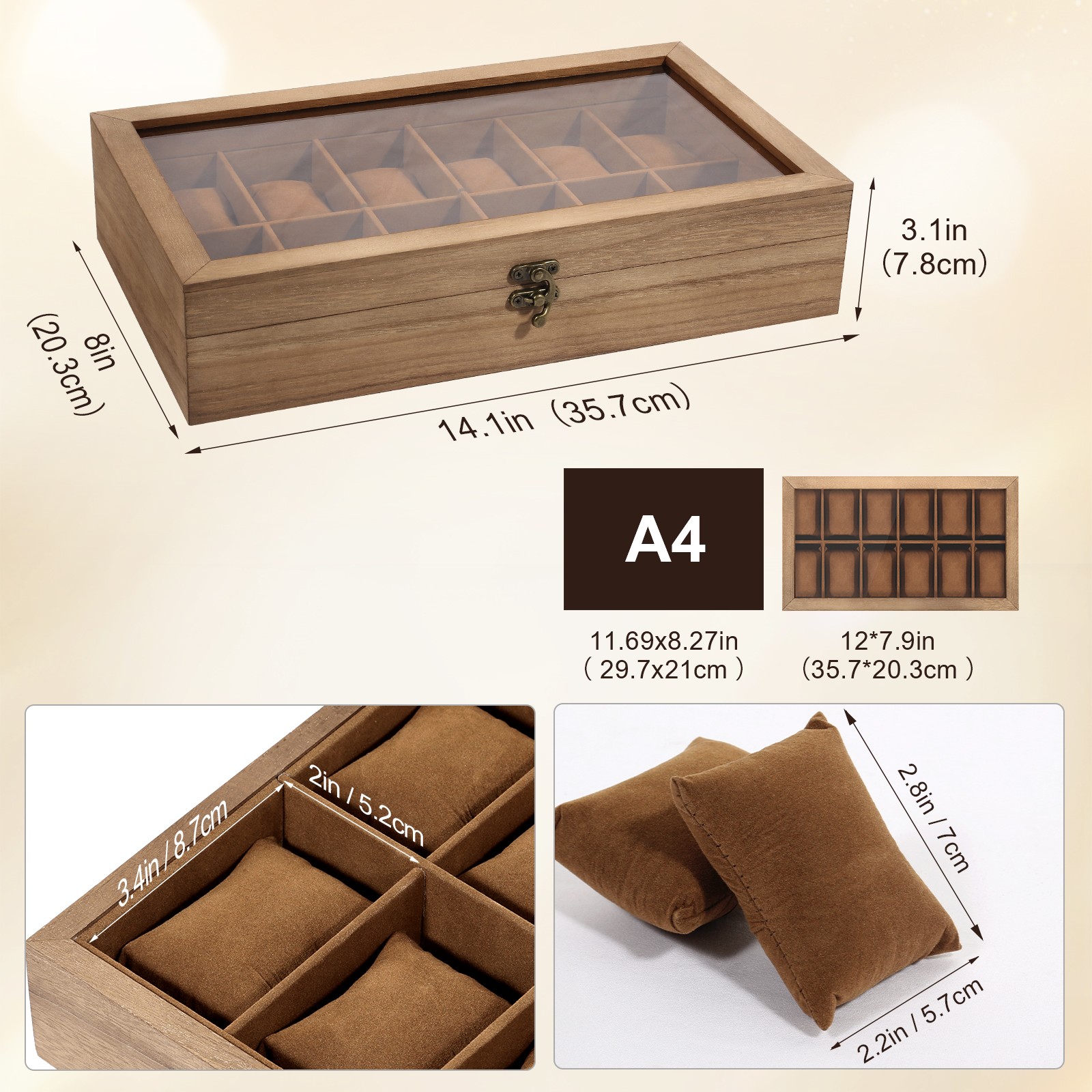 12 Slots Watch Box Solid Wood Organizer Watch Case Jewelry Storage Display Case