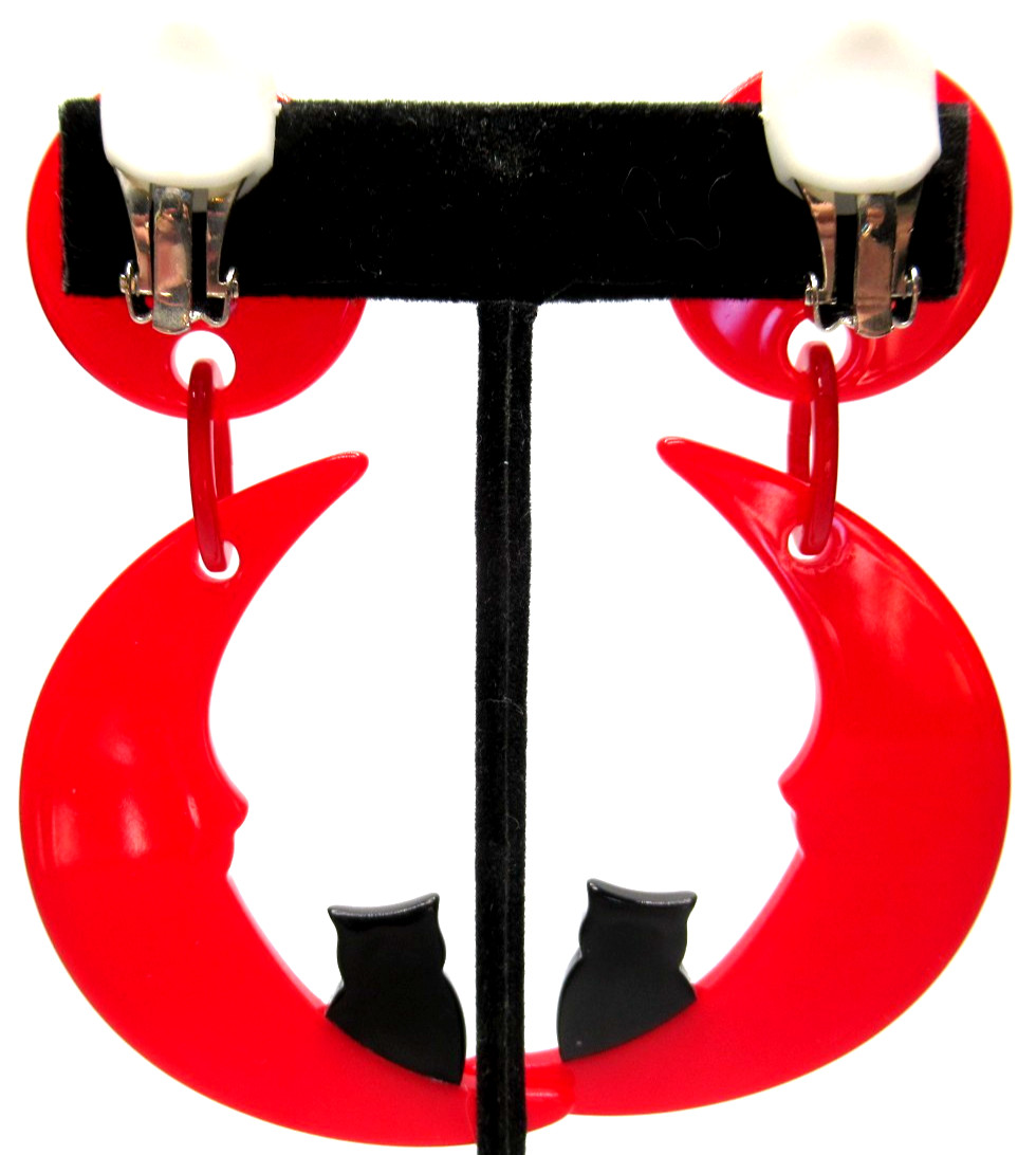 FRENCH Red & Black Lucite Kitty Cat in The Moon Clip Earrings