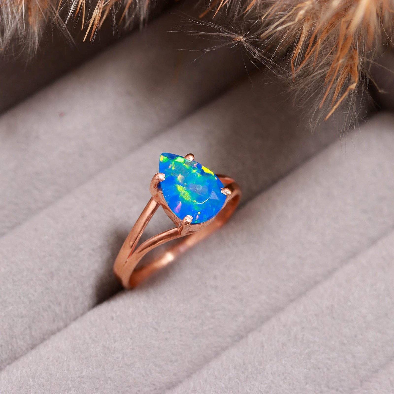 Natural Blue Opal Pear Shape Ring Rose Gold Fill Solid Silver Minimalist Jewelry