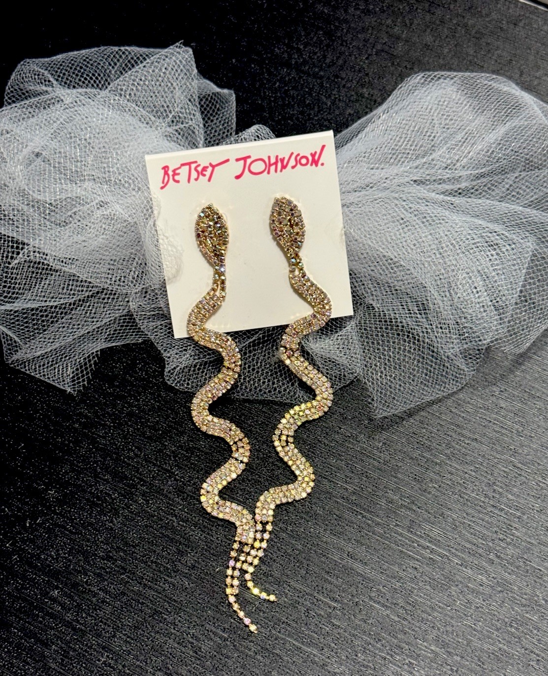 NEW BETSEY JOHNSON AURORA BOREALIS AB RHINESTONE SNAKE EARRINGS 5” GOLD TONE
