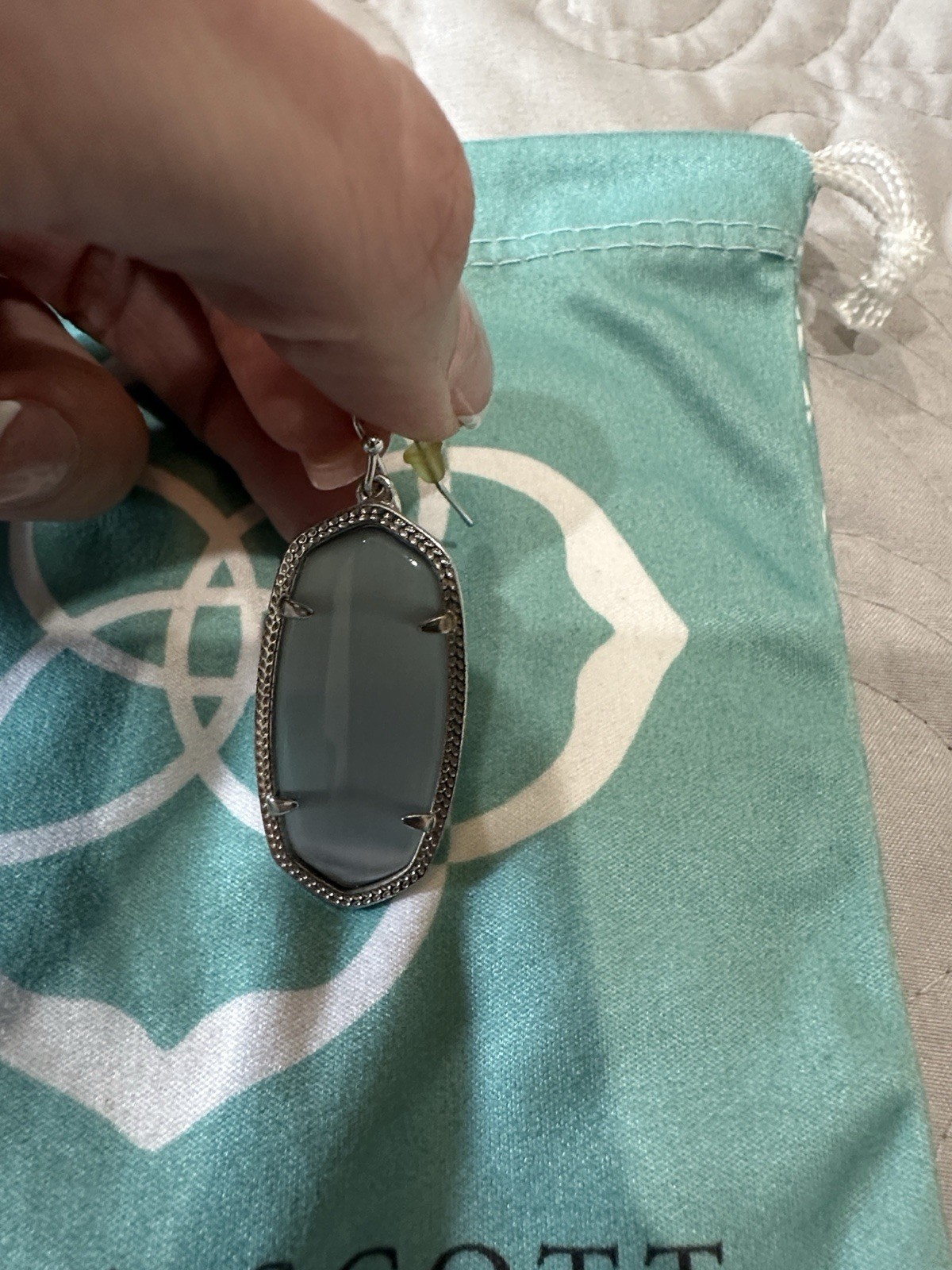 Kendra Scott Signed Silver Plated Gray Oval Glass Dangle Drop Hook Earrings