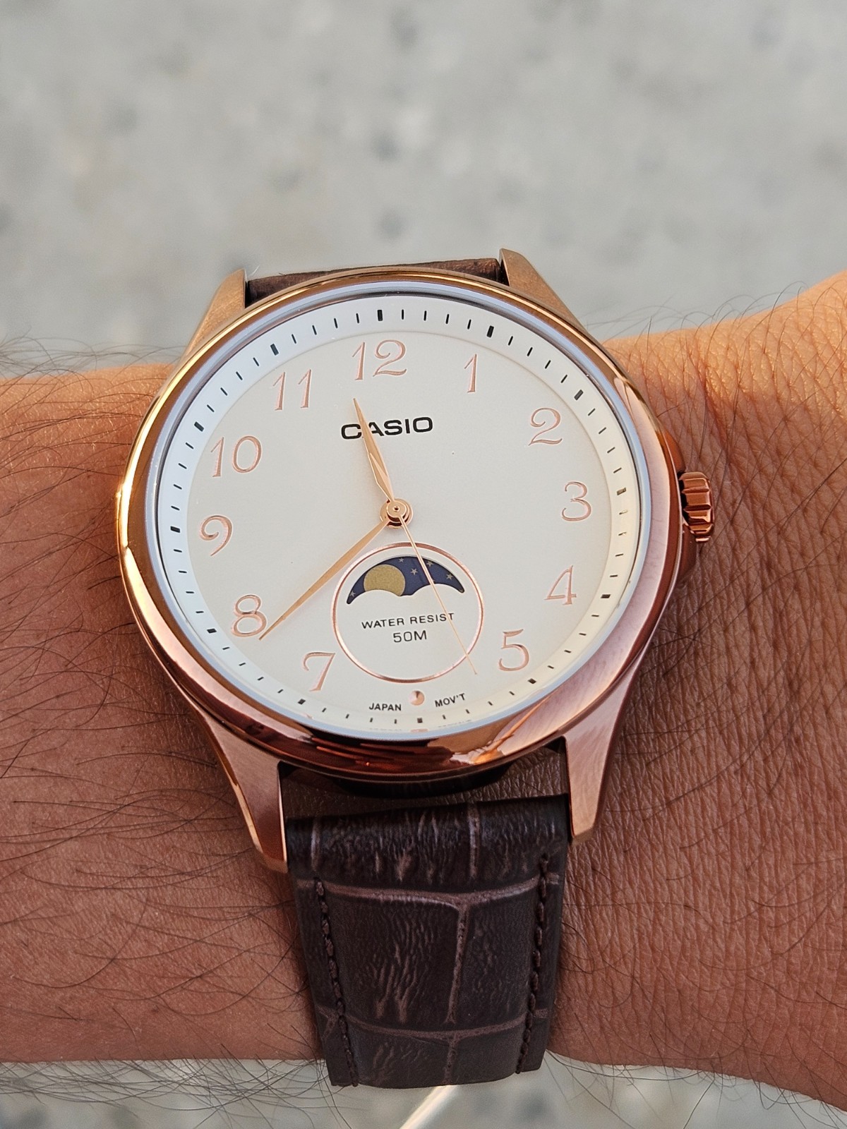 Casio MTP-M110RL-5AVDF Men’s Moon Phase Watch Rose Gold Brown Leather Strap New
