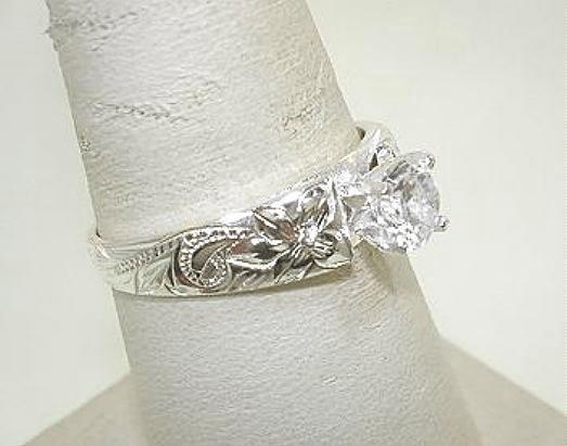 SOLID 925 SILVER ENGRAVED HAWAIIAN HERITAGE SCROLLS 0.75CTS CZ FRENCH MOUNT RING