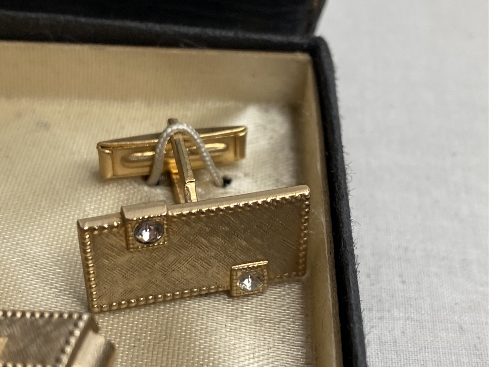 Vintage New 3 pc Set Tie Clip + Cufflinks Hand Polished Goldtone Imported Stones
