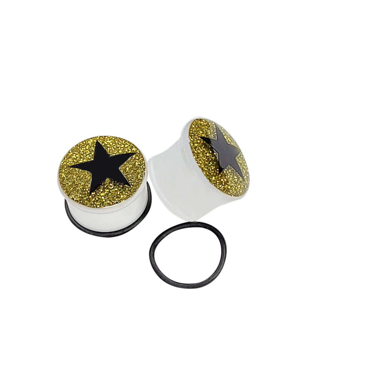 Acrylic O-ring Ear Plugs Gauges Black Star Gold Glitter Design Sold as a pair