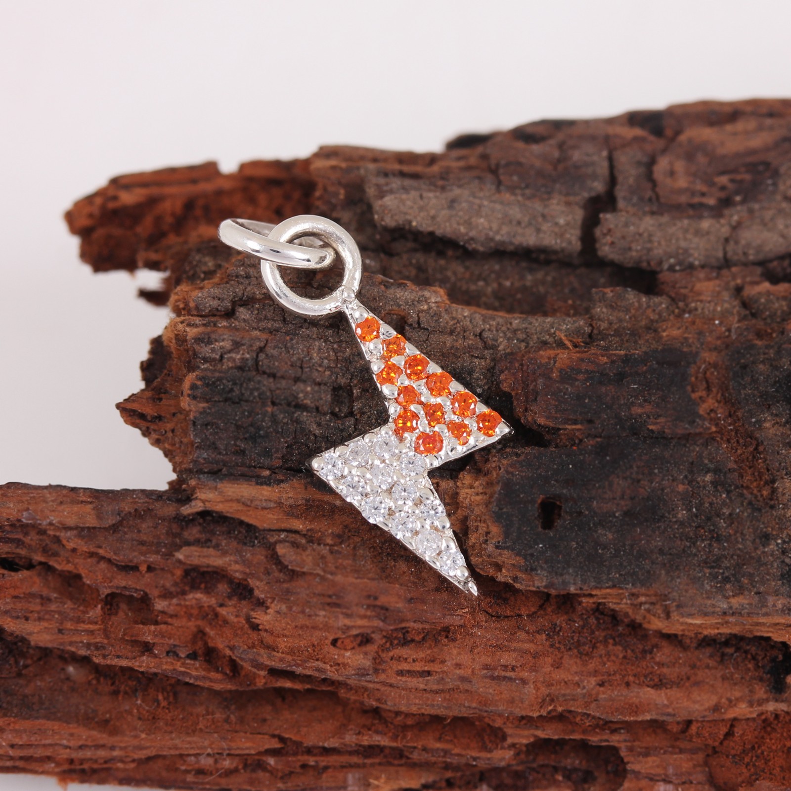Orange Sapphire Lightning Bolt Charm Pendant Two Tone Sterling Silver Jewelry
