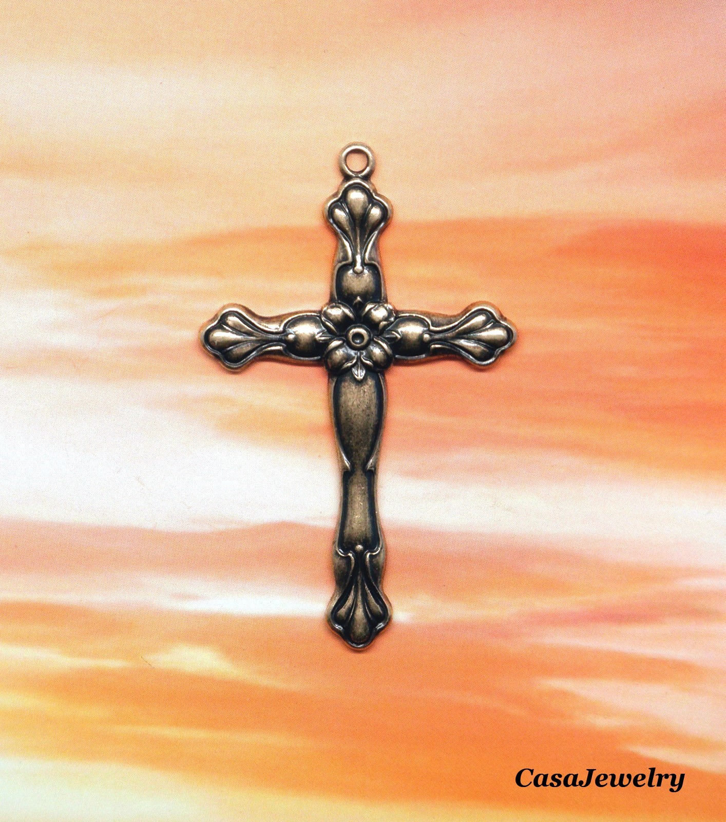 #1121 BEAUTIFUL ANTIQUED GOLD DIE STRUCK CROSS W/TOP HANG RING