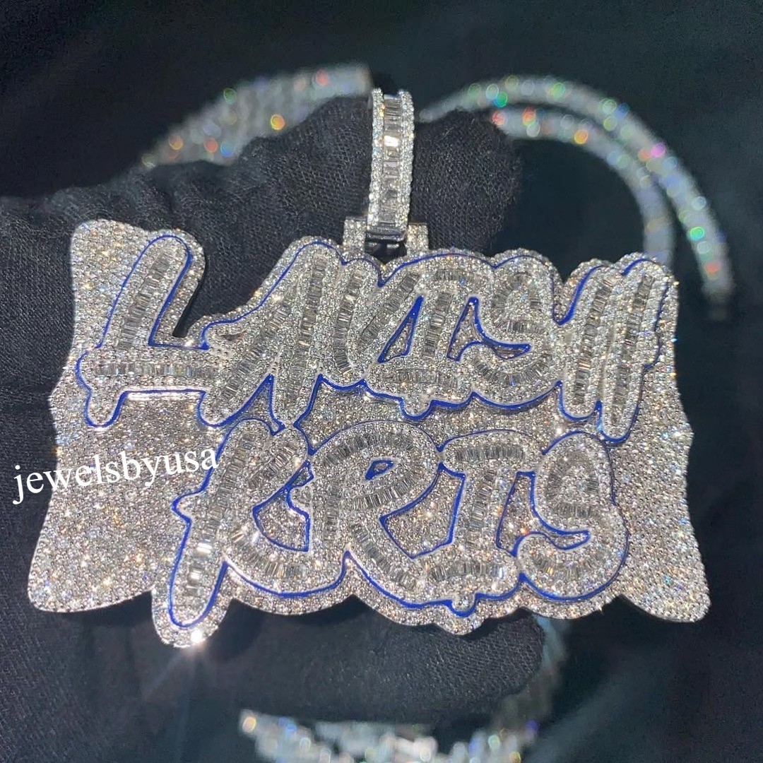 Round / Baguette Passing Moissanite Blue Enamel Personalized Pendant 925 Silver