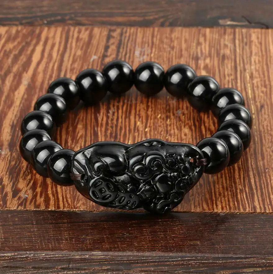 Pixiu Black Obsidian Stone Beads Bracelet Chinese Fengshui Good Luck Wealth For