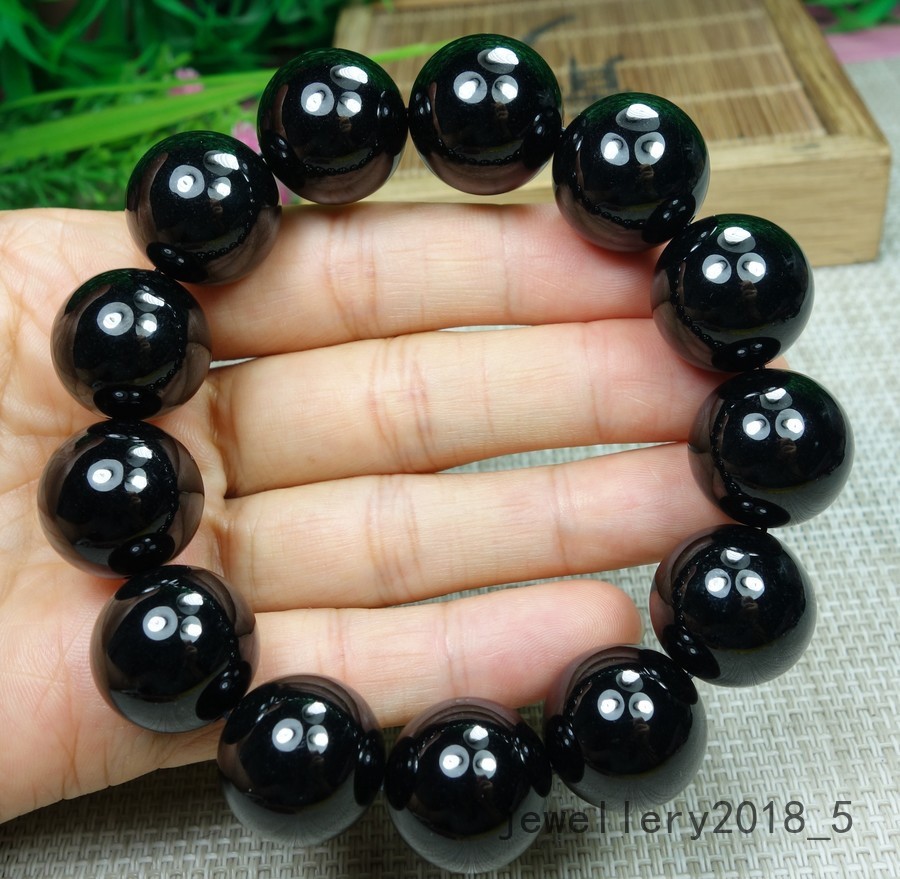 Certified Black Green Burma 100% natural A jadeite jade Bead Bracelets墨翠18mm圆珠手链