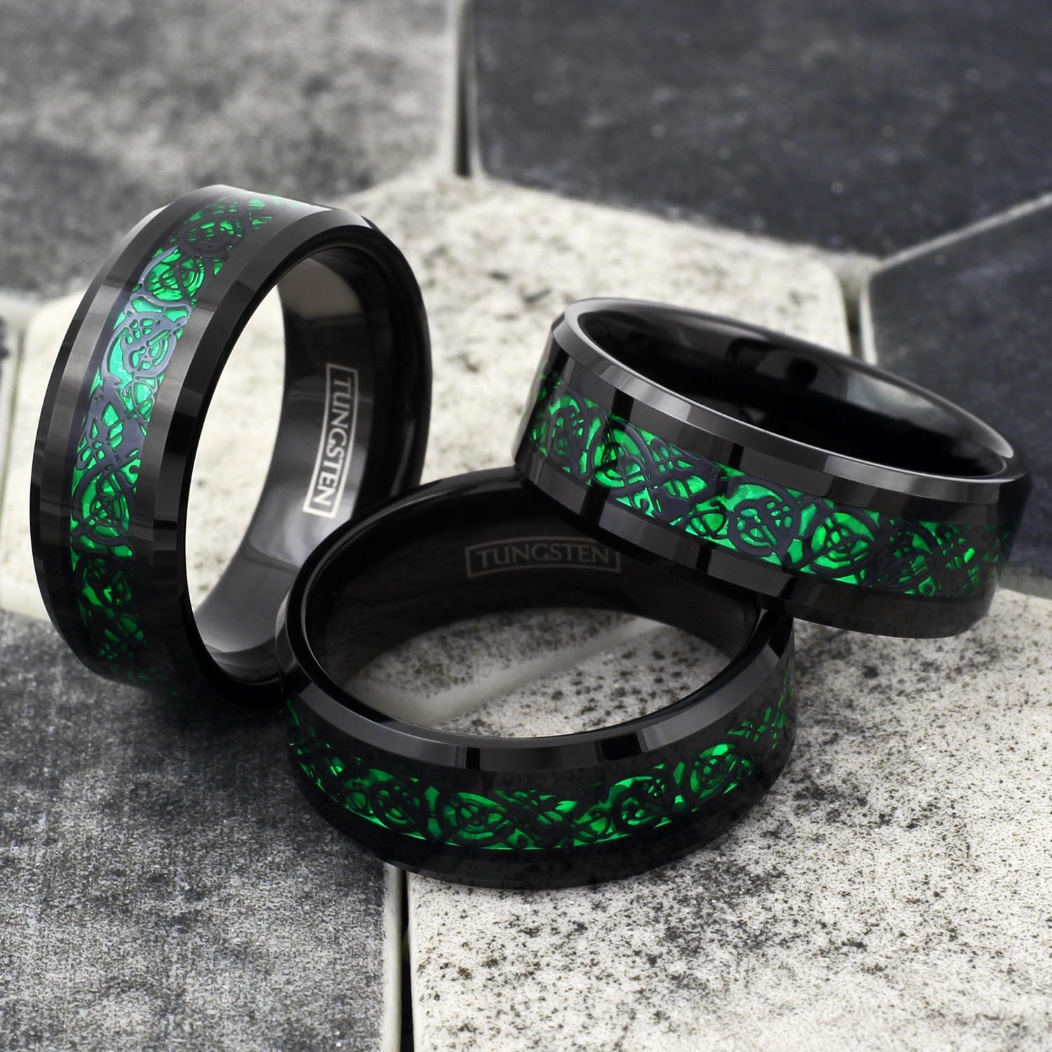 8mm Black Tungsten Carbide Men’s Ring Green Celtic Dragon Wedding Band