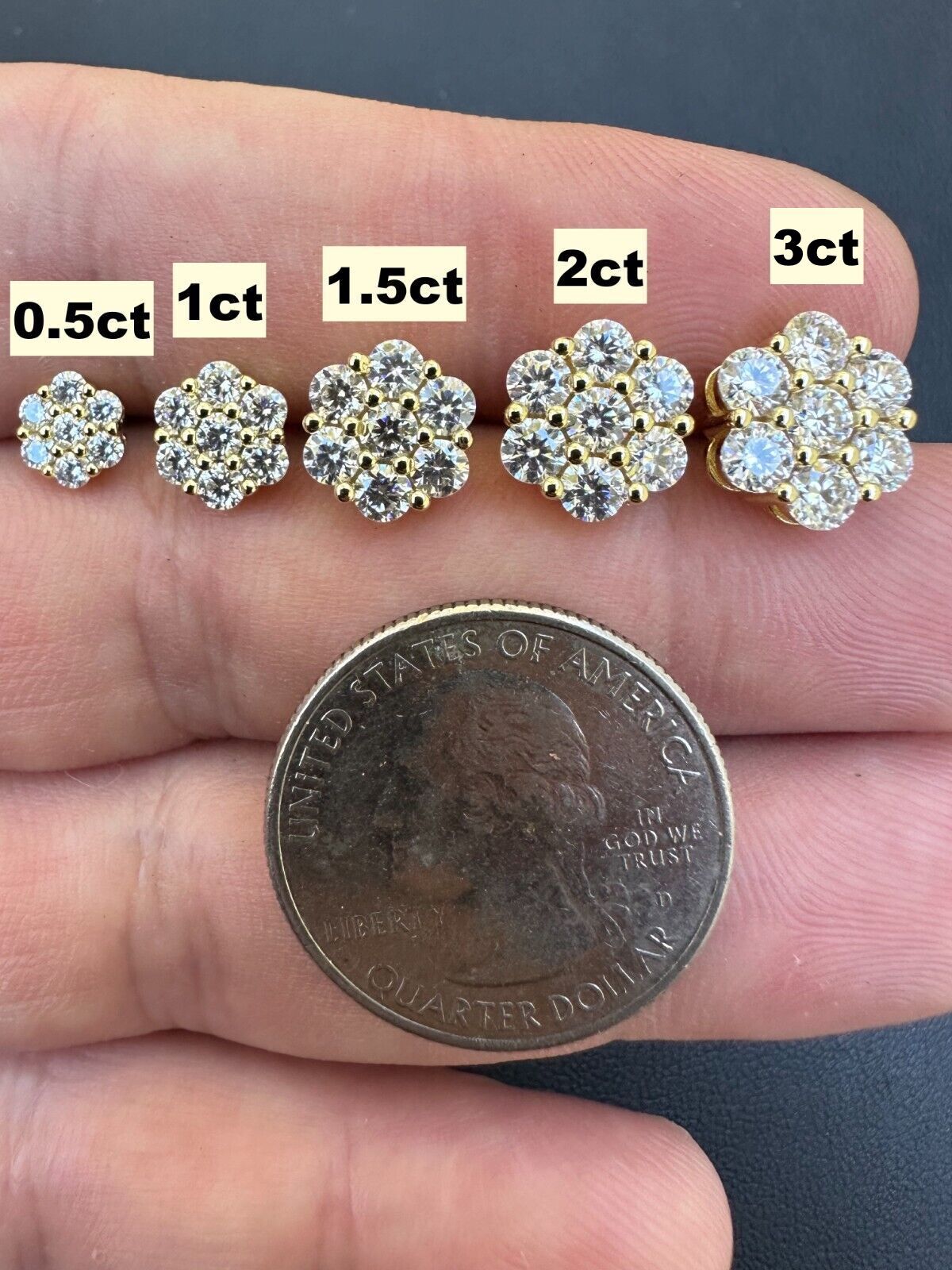 Moissanite Studs Iced Cluster Flower Set Earrings Real 14k Gold Over 925 Silver