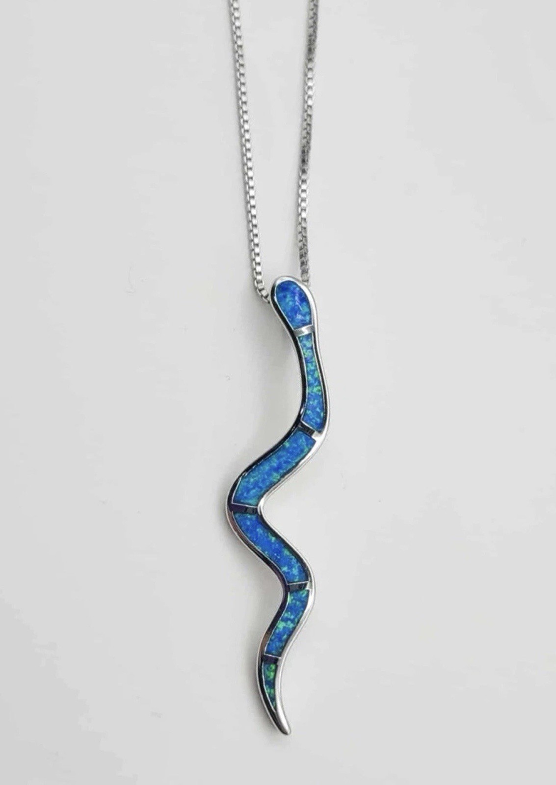 925 Sterling Silver Blue Opal Snake Necklace 17.7”