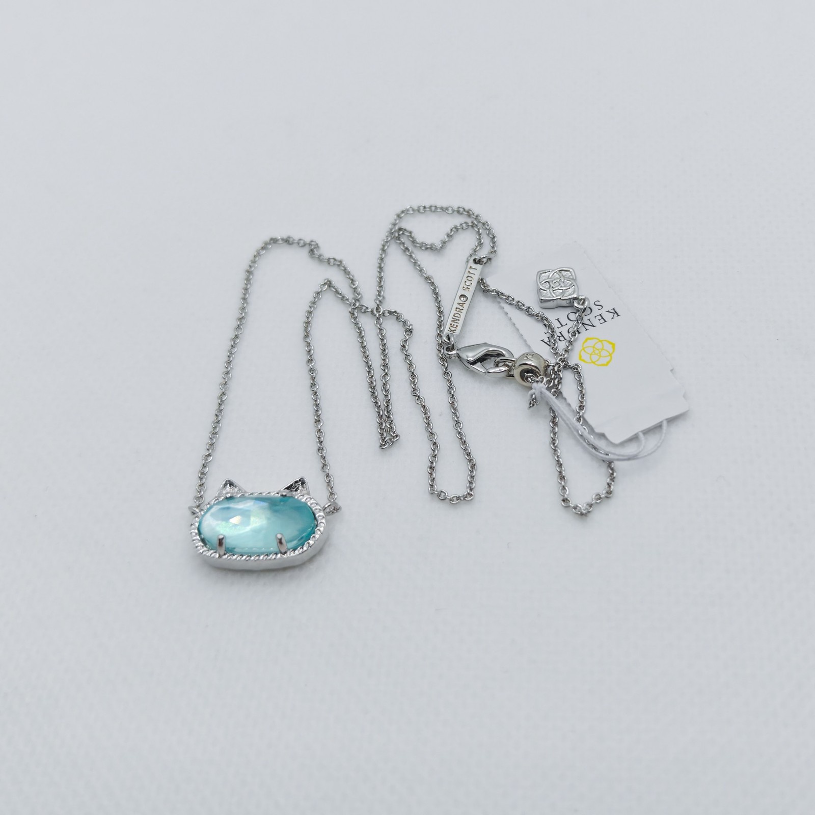 New Kendra Scott Elisa Silver Cat Kitty Pendant Necklace In Light Blue Illusion