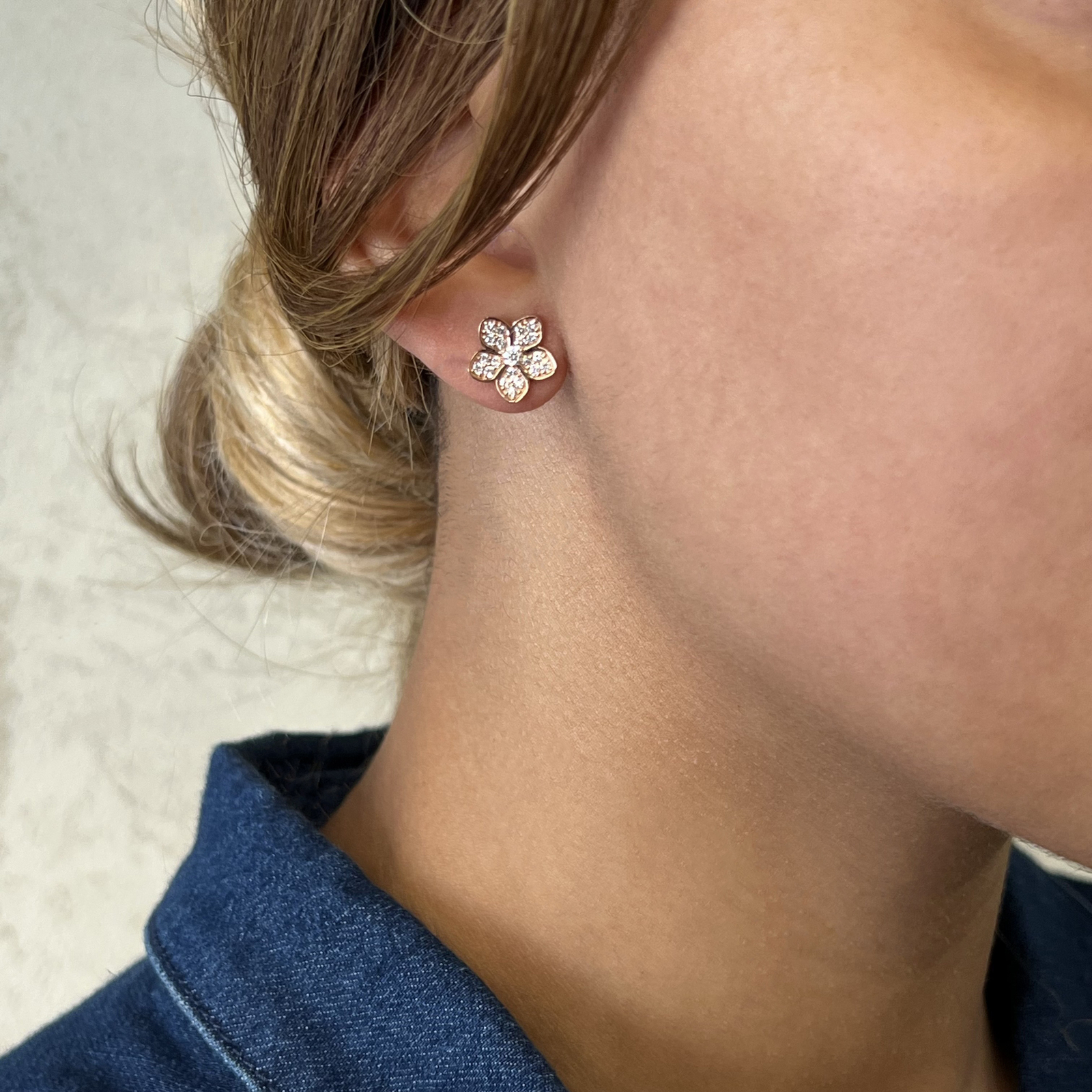 Pave Set Round Cut Diamond Flower Stud Earrings 18K Rose Gold 0.52Cttw