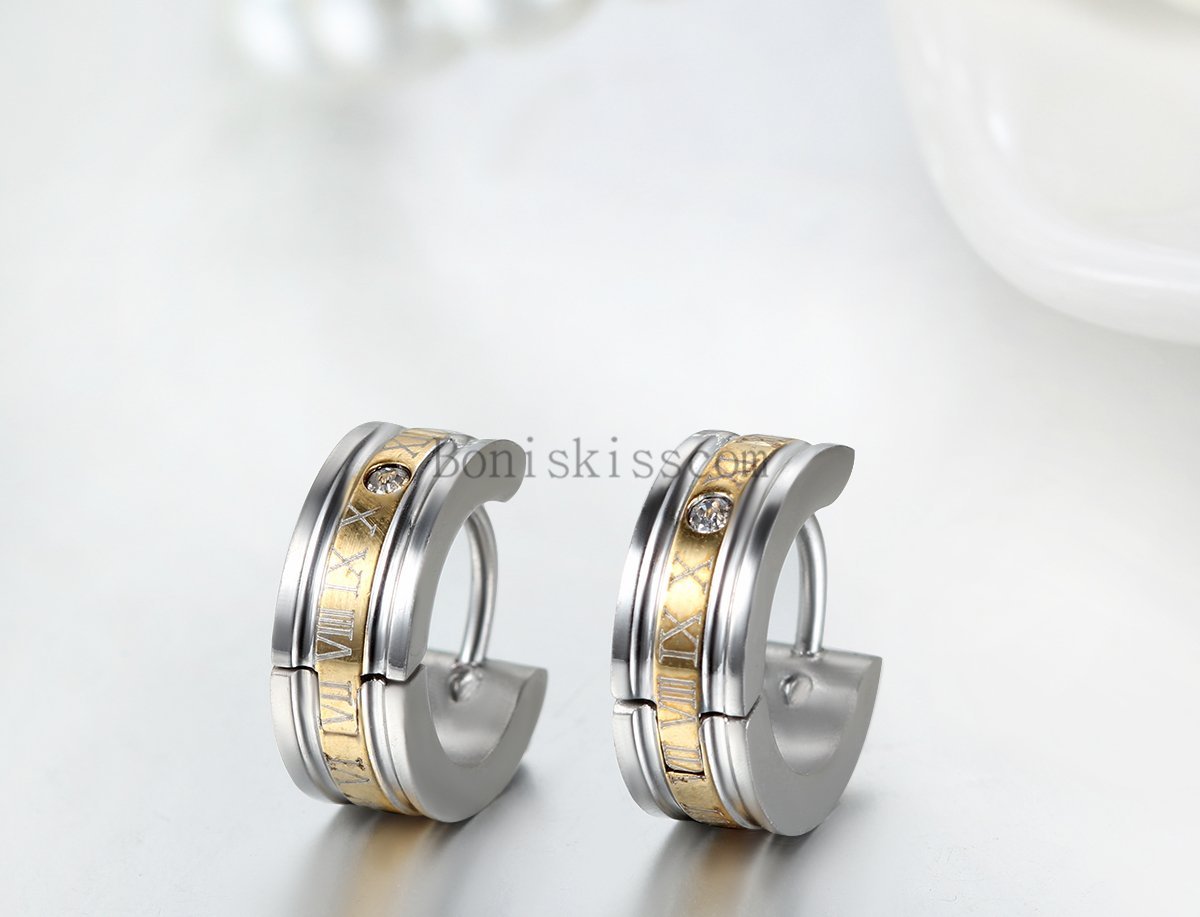 2Pcs Roman Numerals Engraved Stainless Steel Men’s Hinged Hoop Snap on Earrings