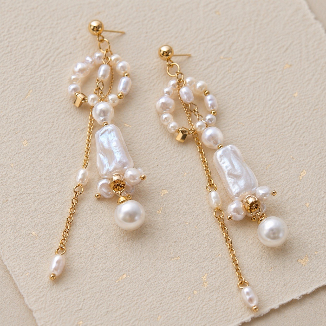 Anthropologie Pearl Hoop Baroque Molten Earrings Gold Stud Bead Chain VTG