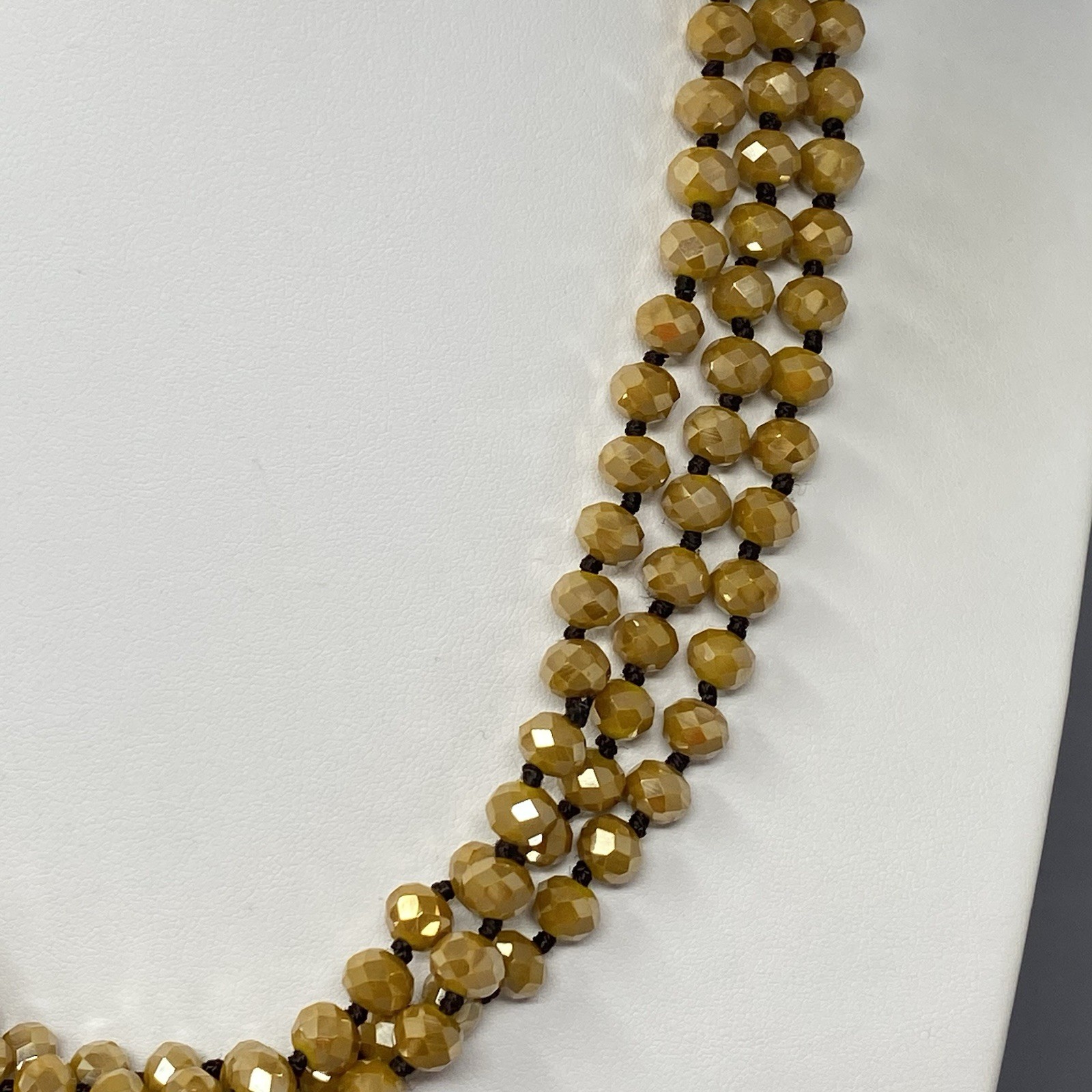 Czech Gold Glass Bead Flapper Necklace Fire Polished Coated Hand Knotted Cord 62