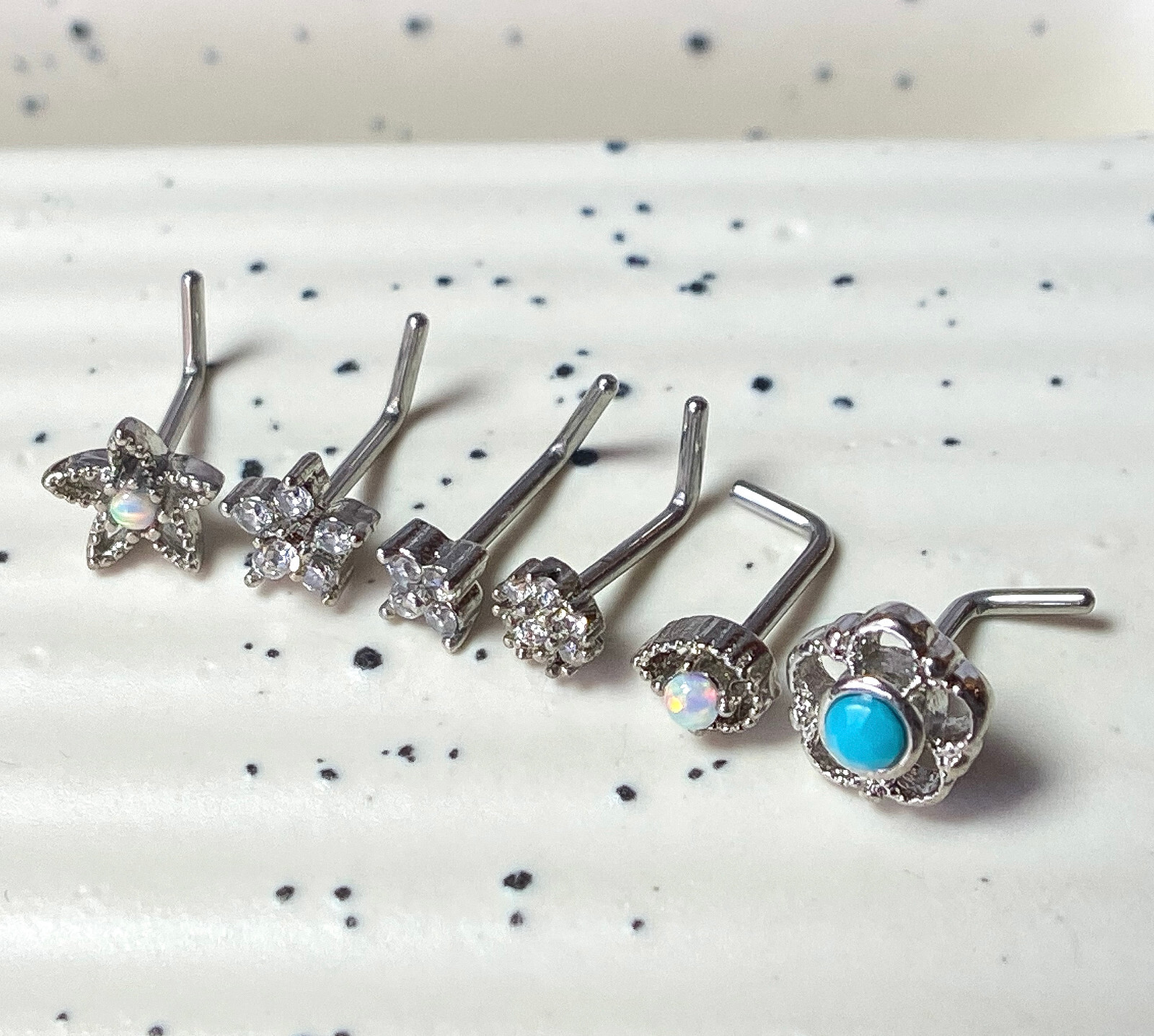 6pc Box Value Pack Opal / Turquoise / CZ Gem Shapes 20g Steel L-Bend Nose Rings