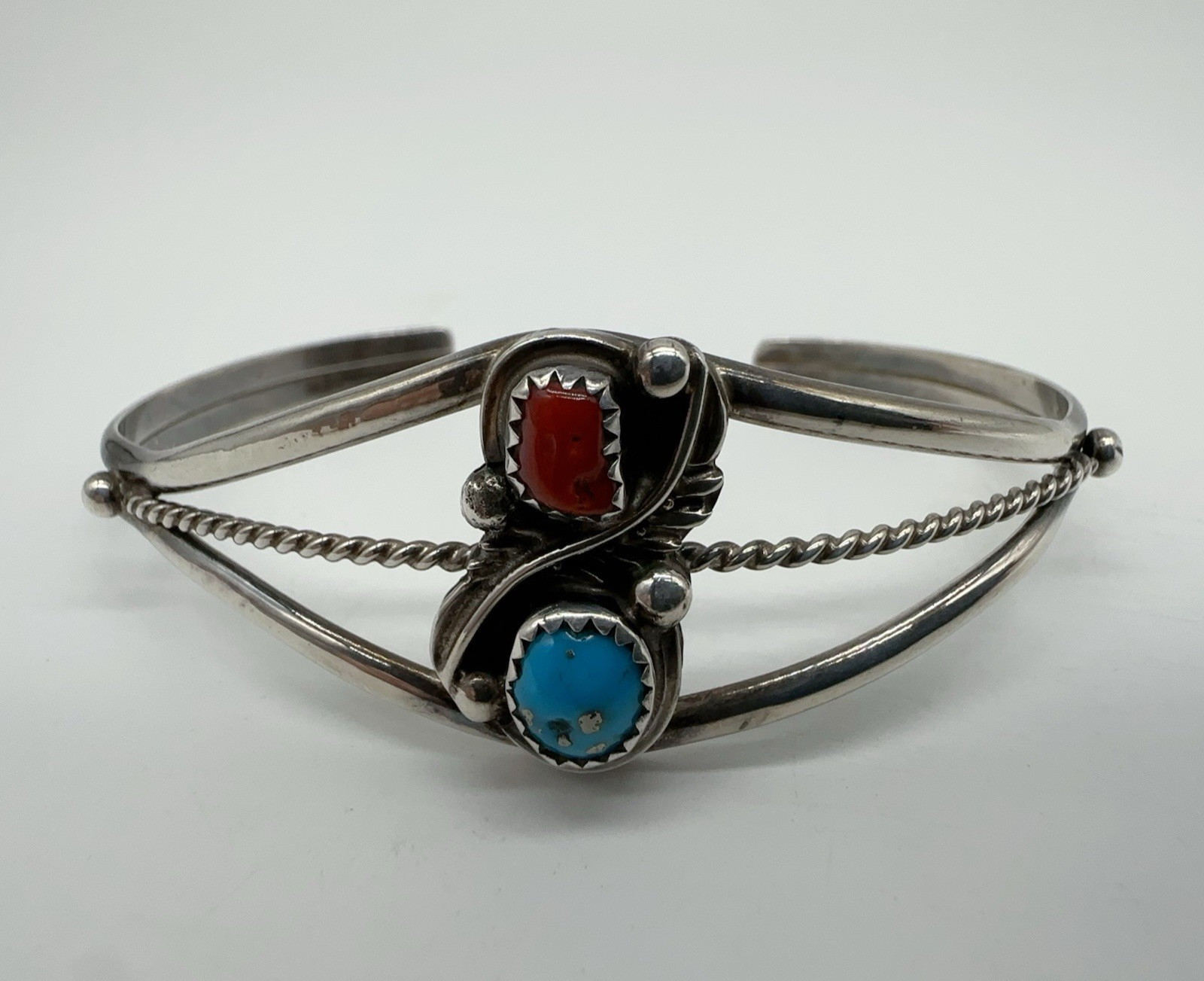 VTG Signed Native American Sterling Silver Turquoise Coral Cuff Bracelet 13g #bf
