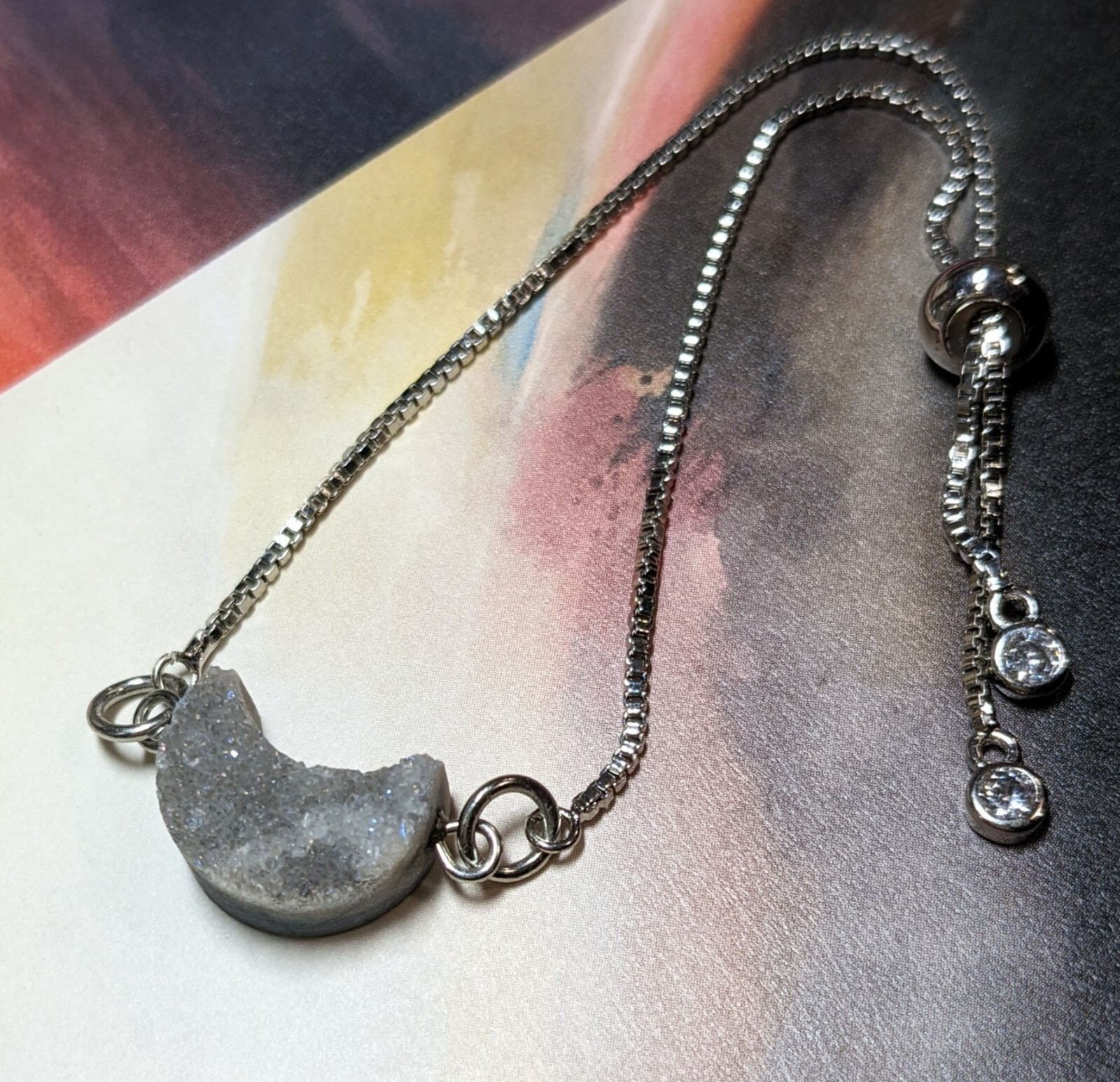 Bolo Bracelet Gray Moon Druzy Stone Silver Adjustable Bracelet Free Ship