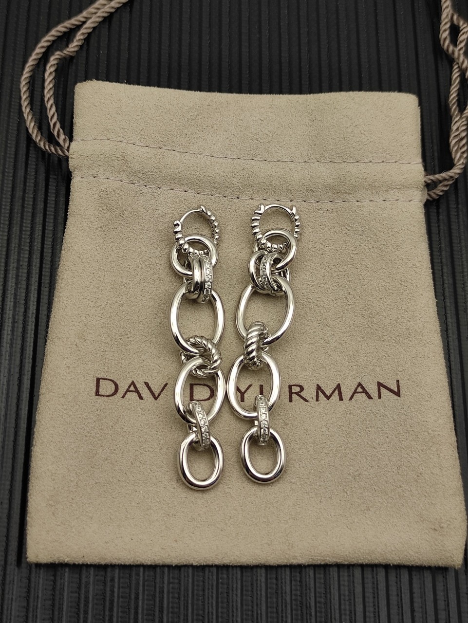 David Yurman Mercer Linked Drop Earrings Sterling Silver with Diamonds, 68mm